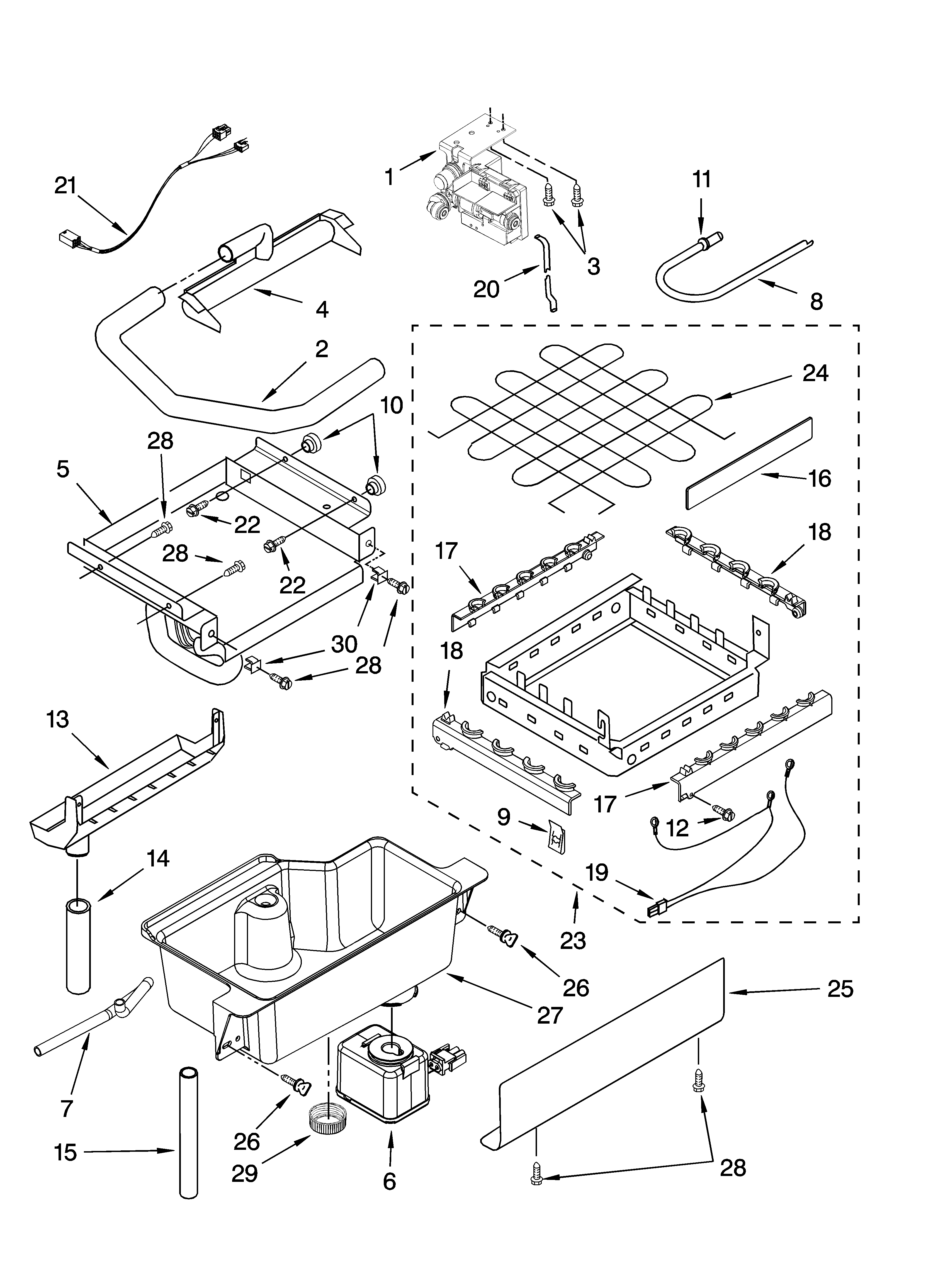 Evaporator, ice cutter grid and water parts