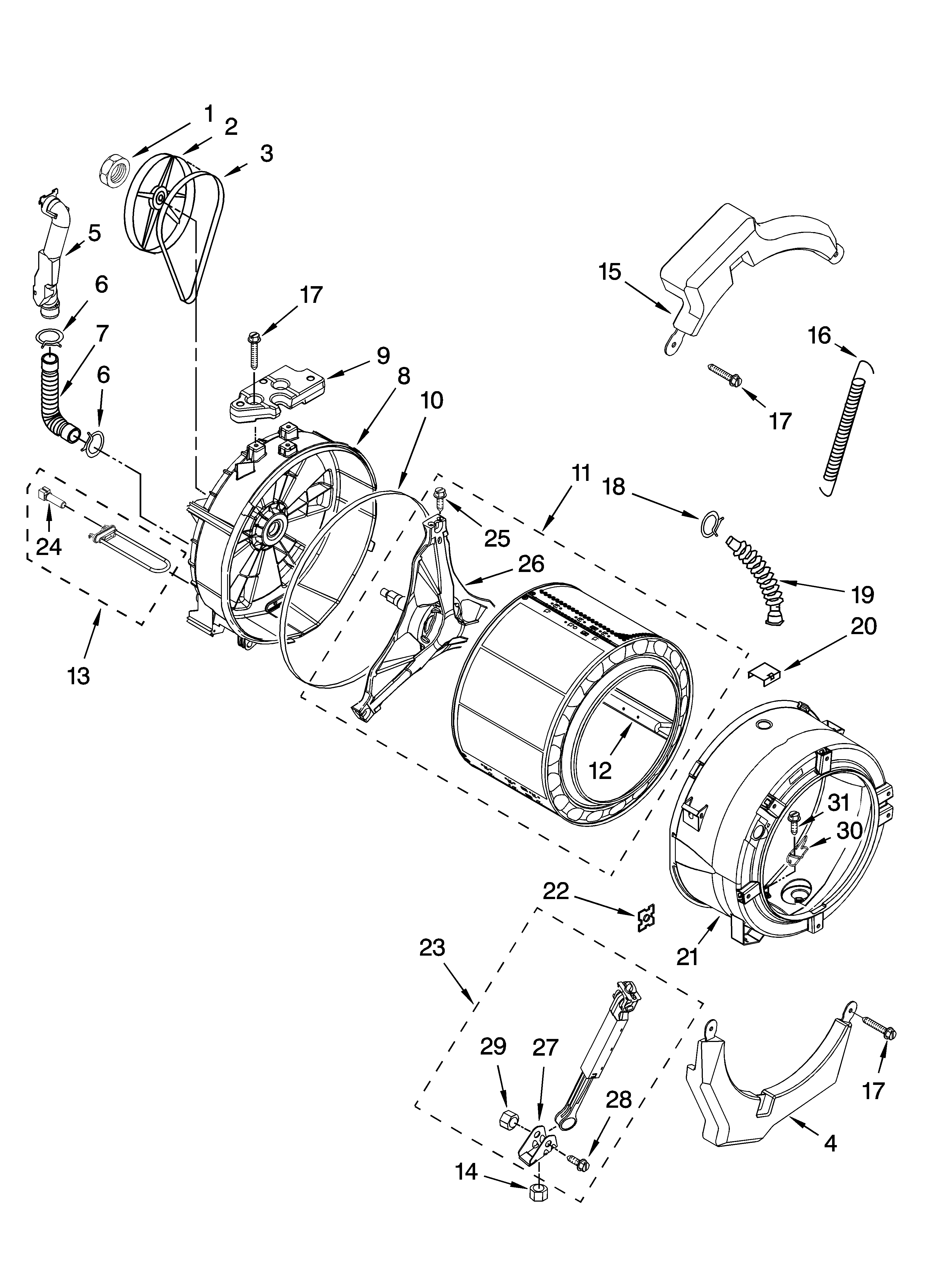 Tub and basket parts, optional parts (not included)