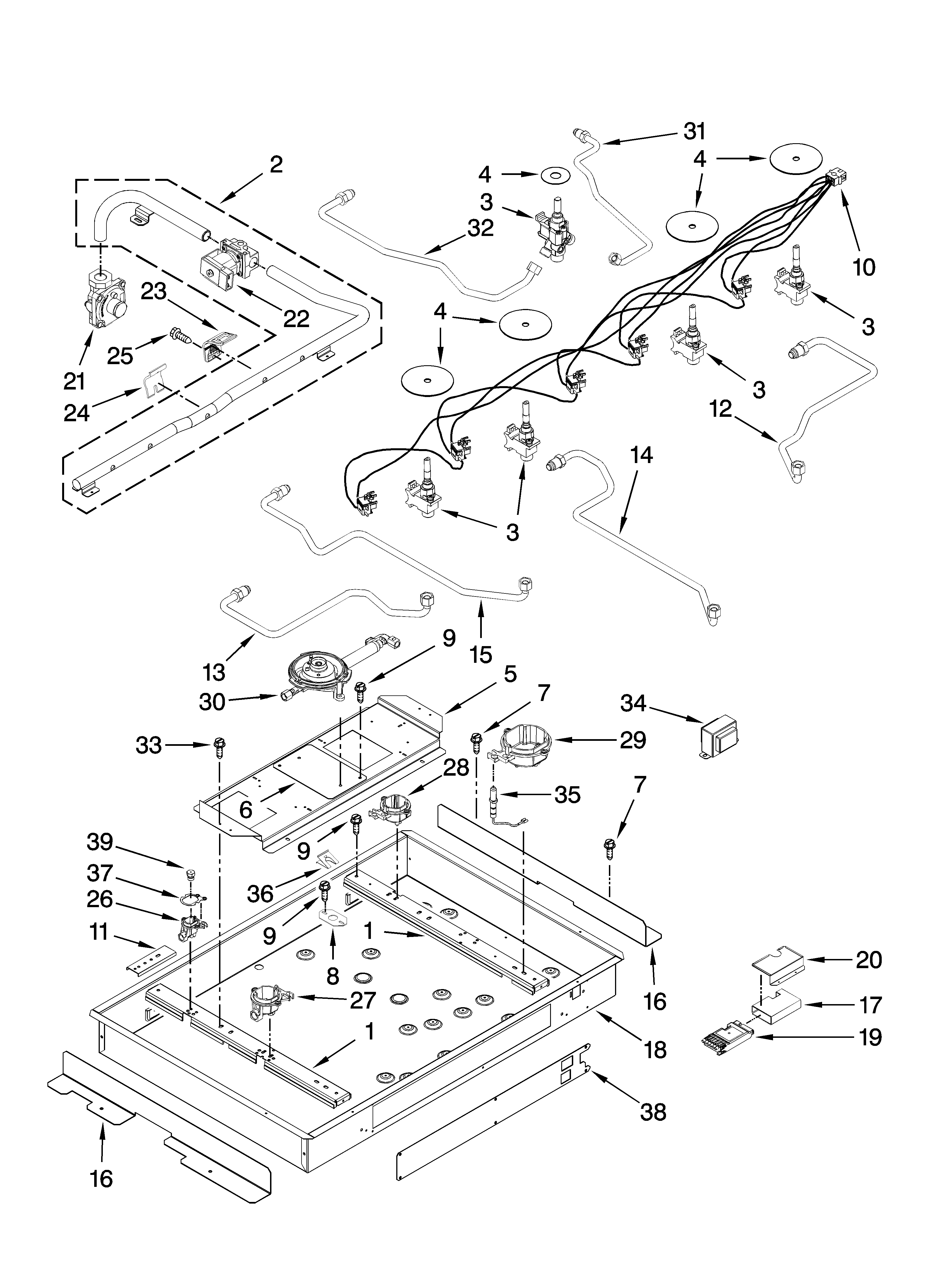 Burner box, gas valves, and switches, optional parts (