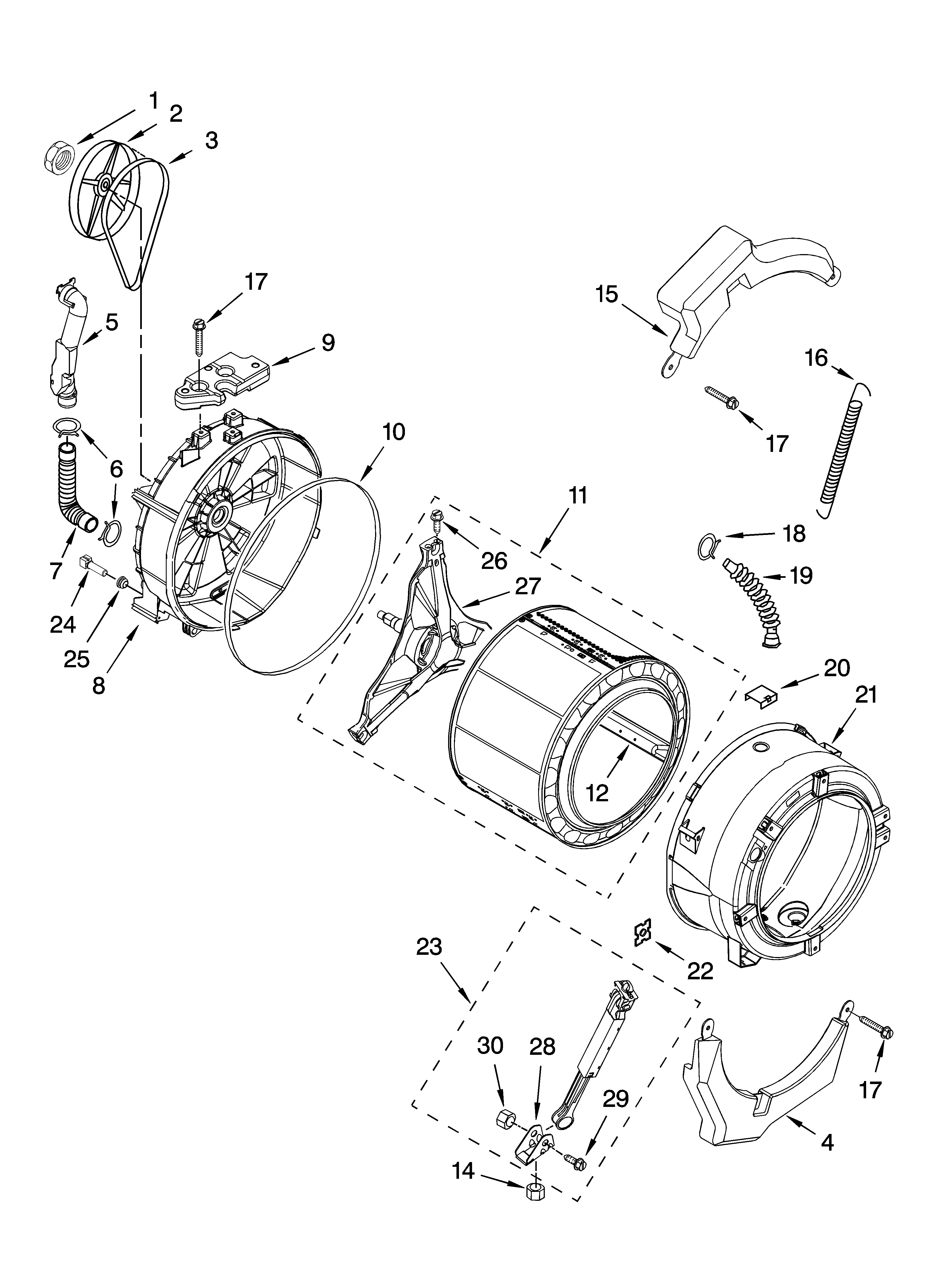 Tub and basket parts, optional parts (not included)