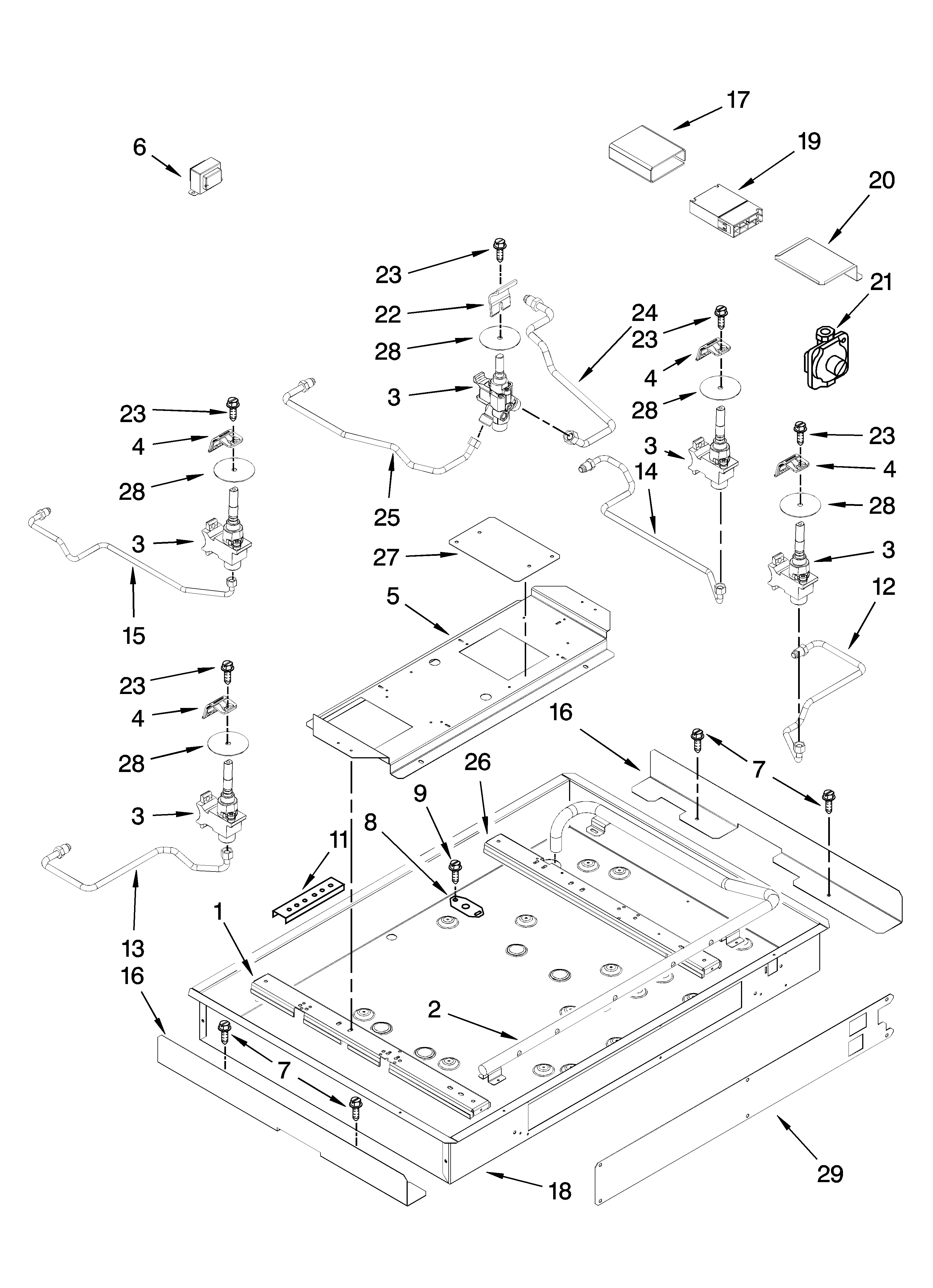 Burner box, gas valves, and switches, optional parts (