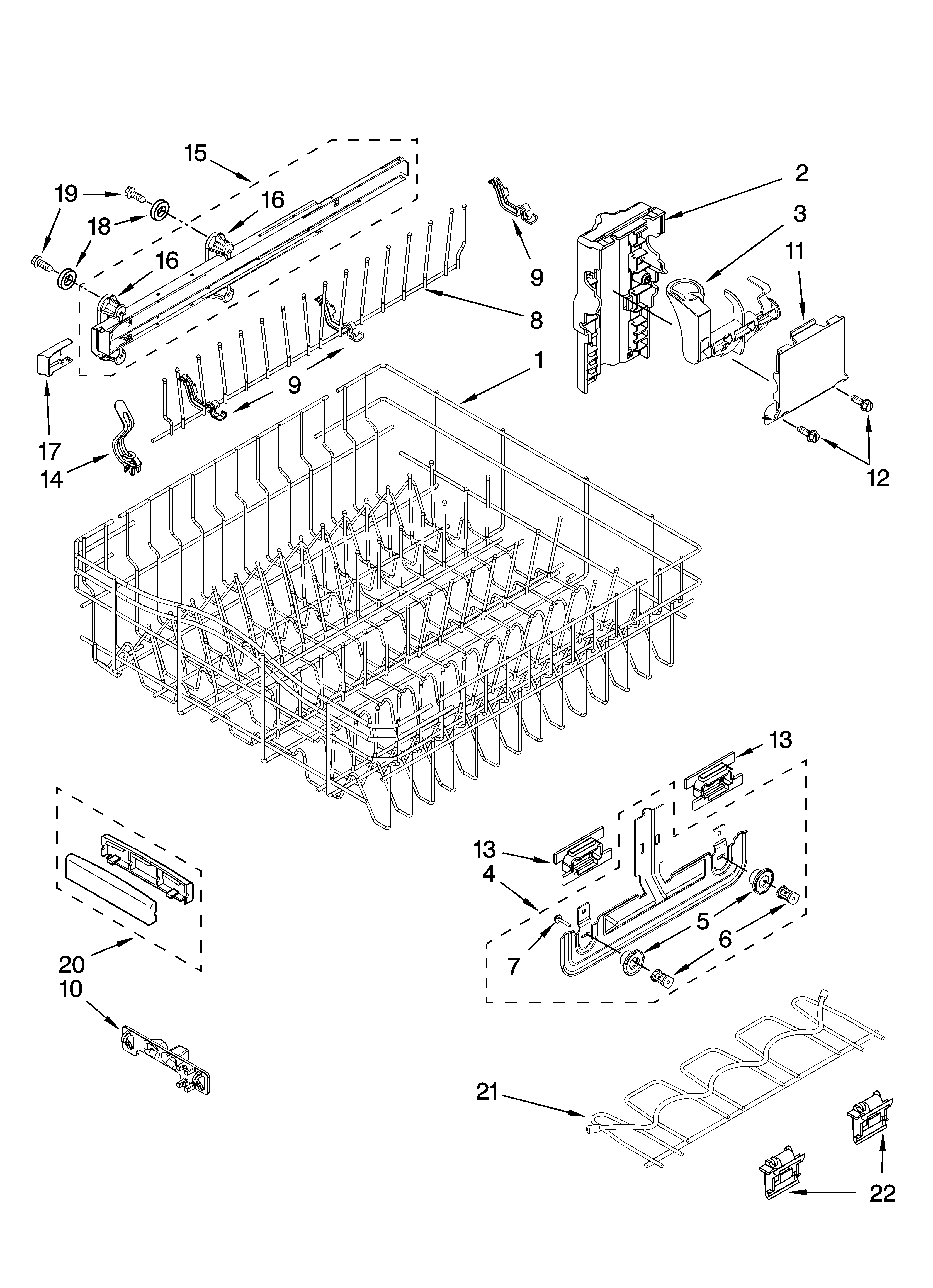 Upper rack and track parts
