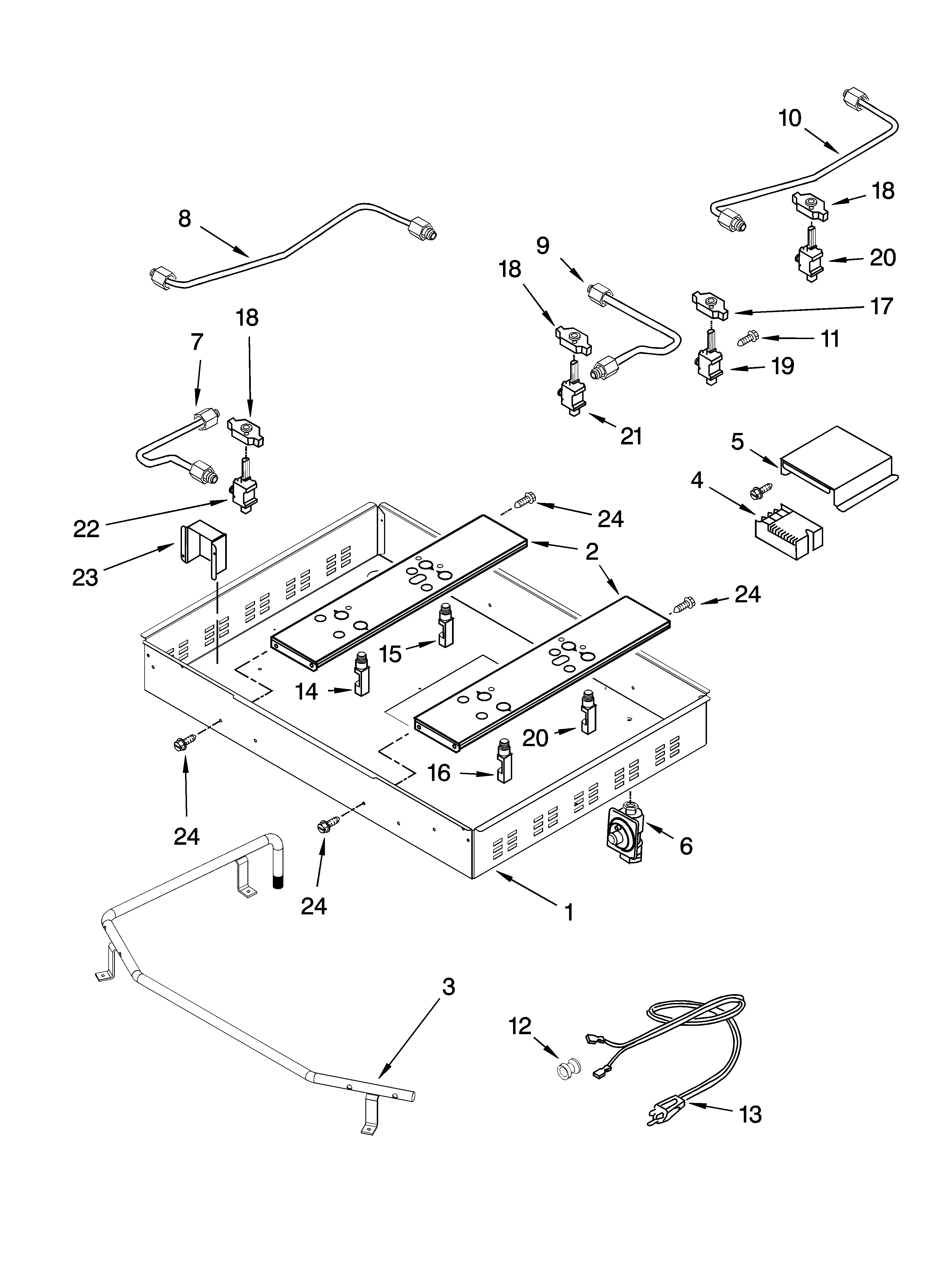 Burner box, gas valves, and switches, optional parts (