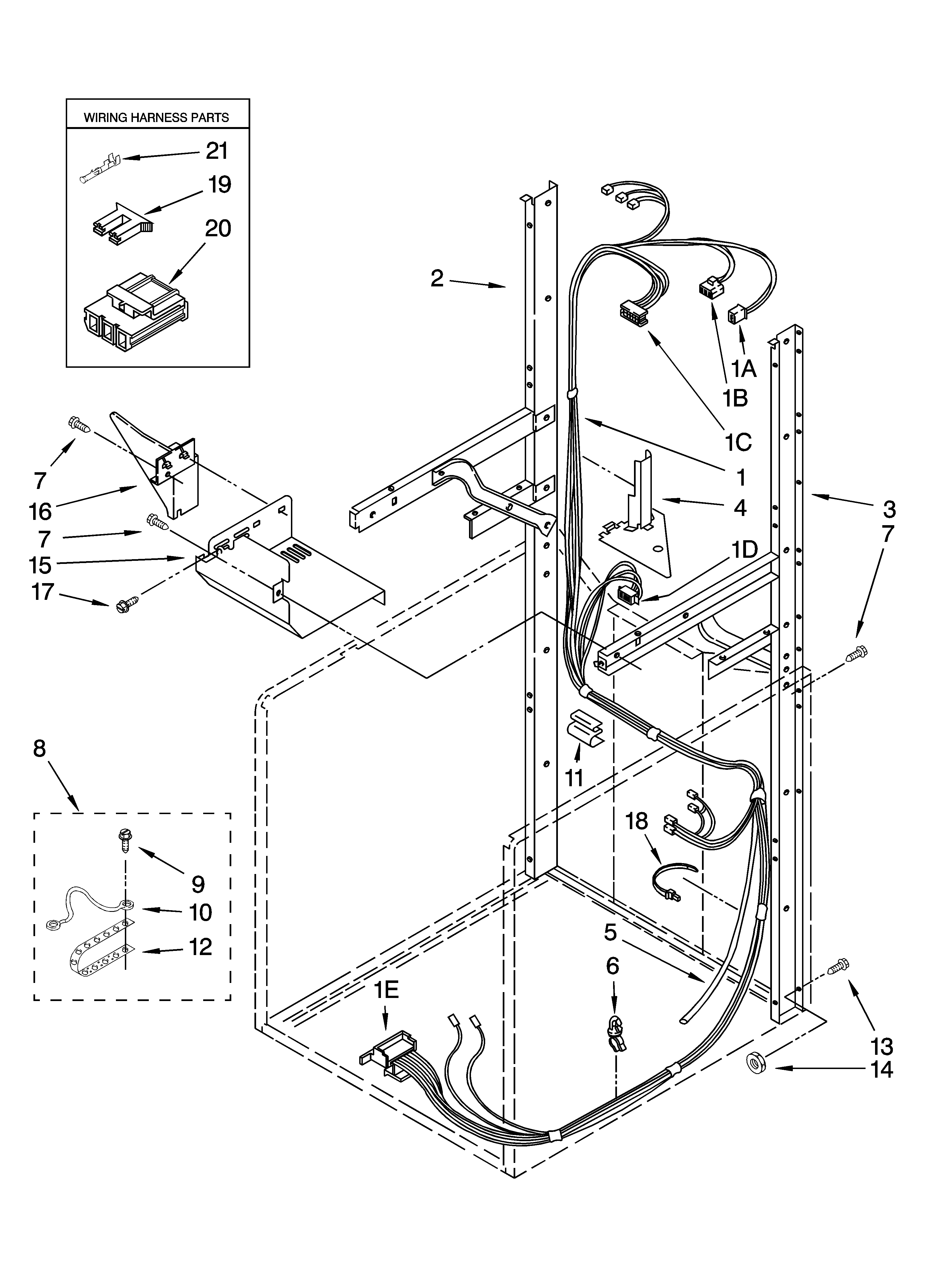 Dryer support and washer harness parts