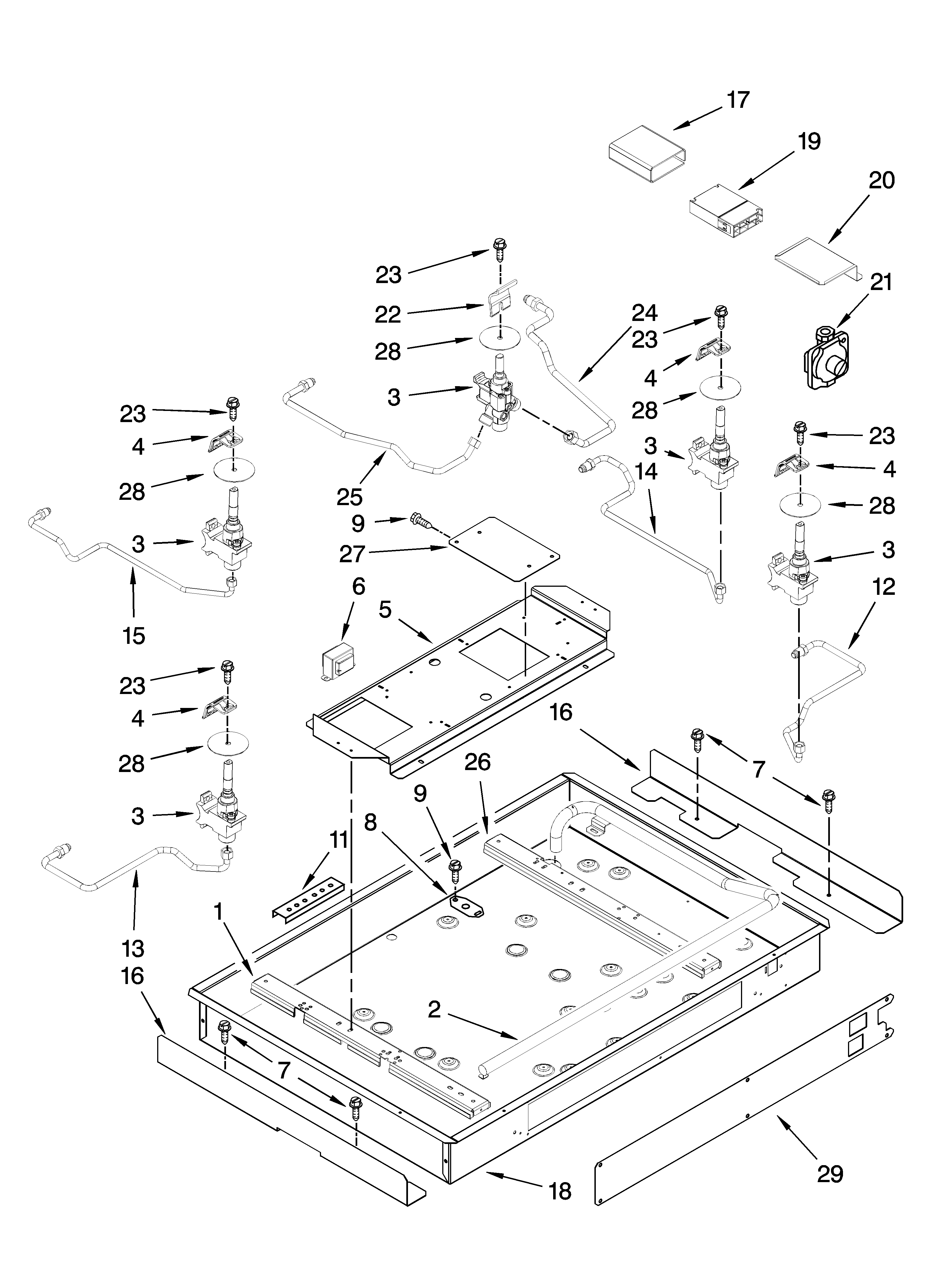 Burner box, gas valves, and switches, optional parts (