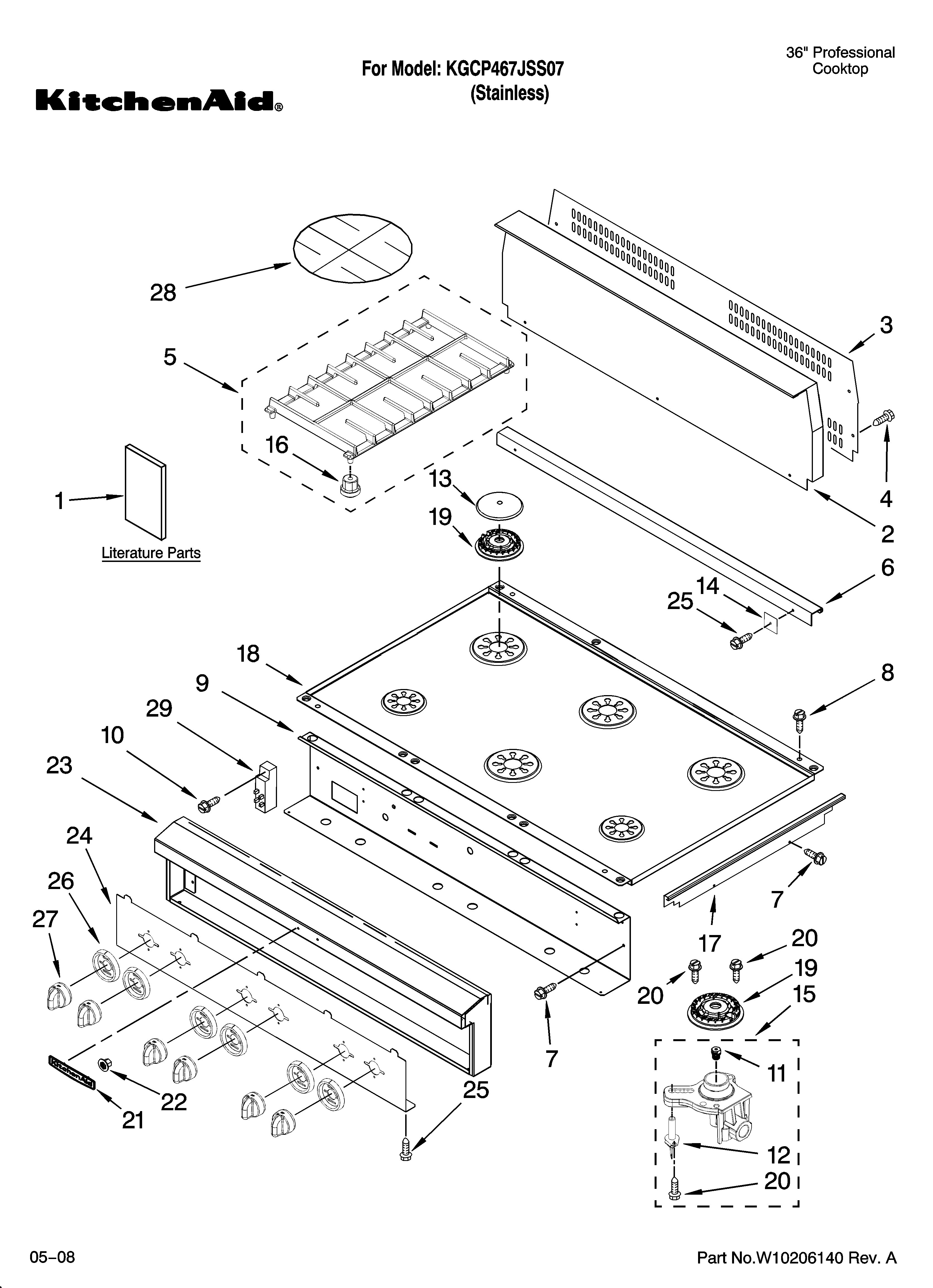 Cooktop, burner and grate parts