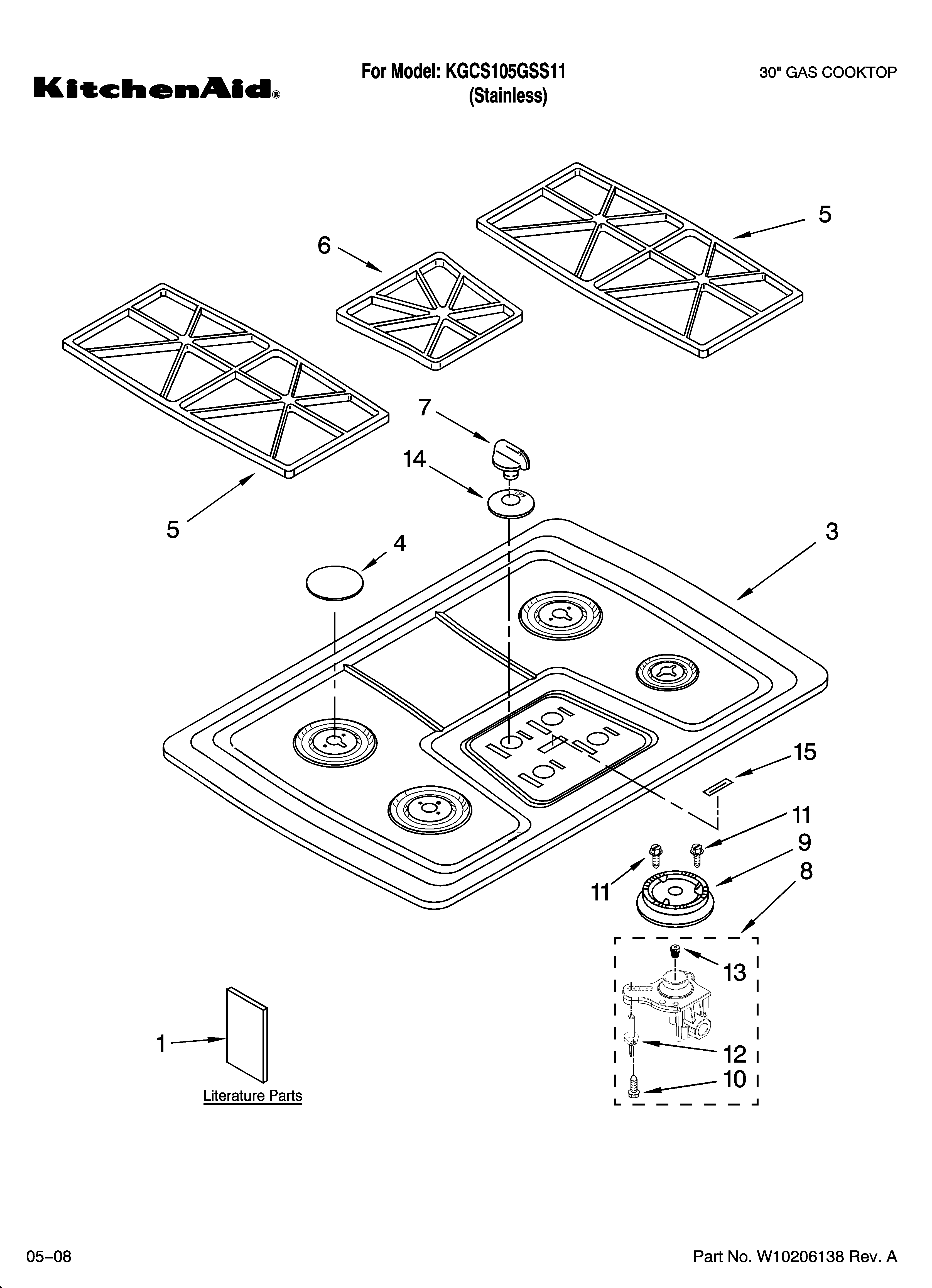 Cooktop, burner and grate parts