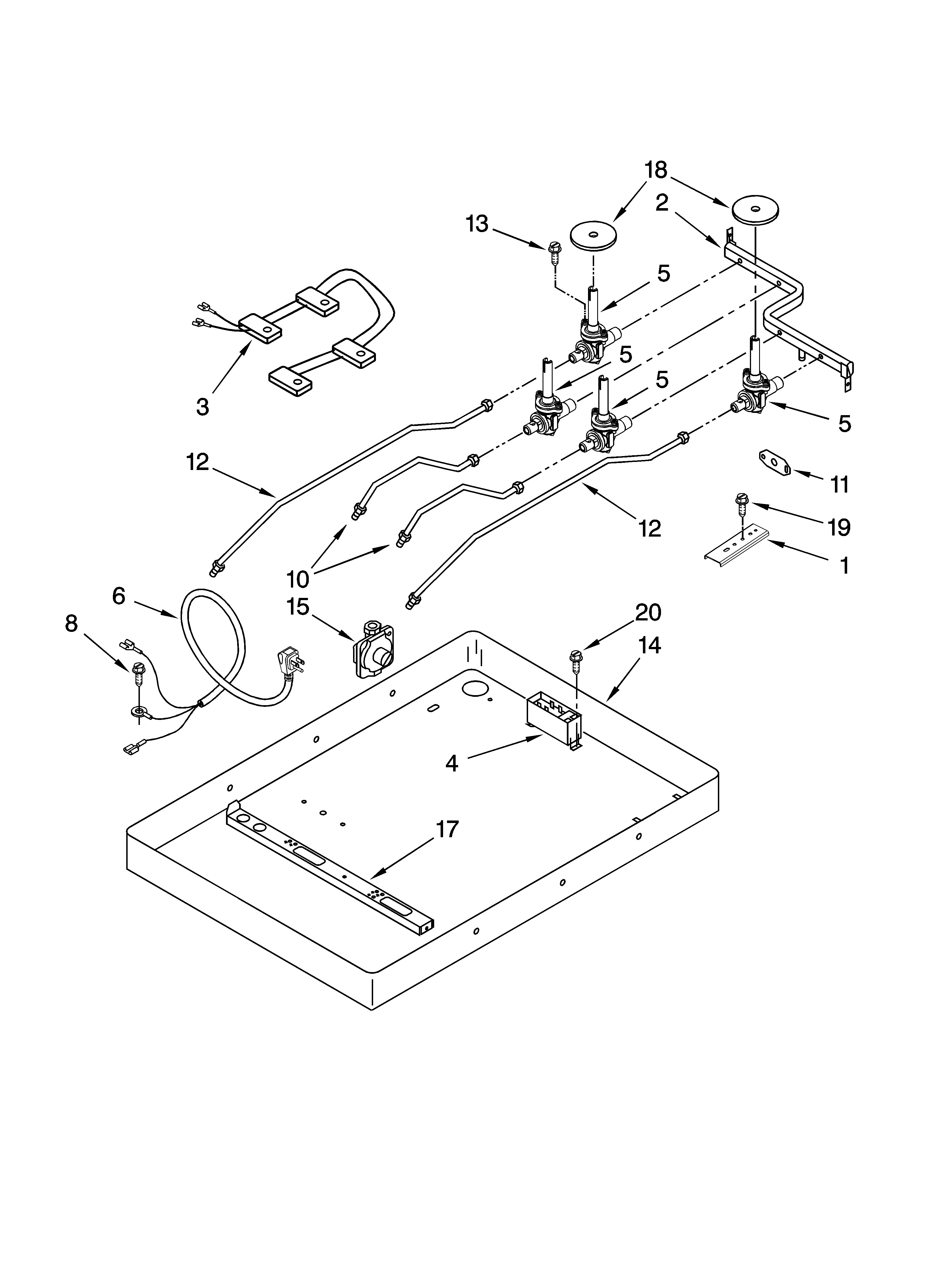 Burner box, gas valves, and switches