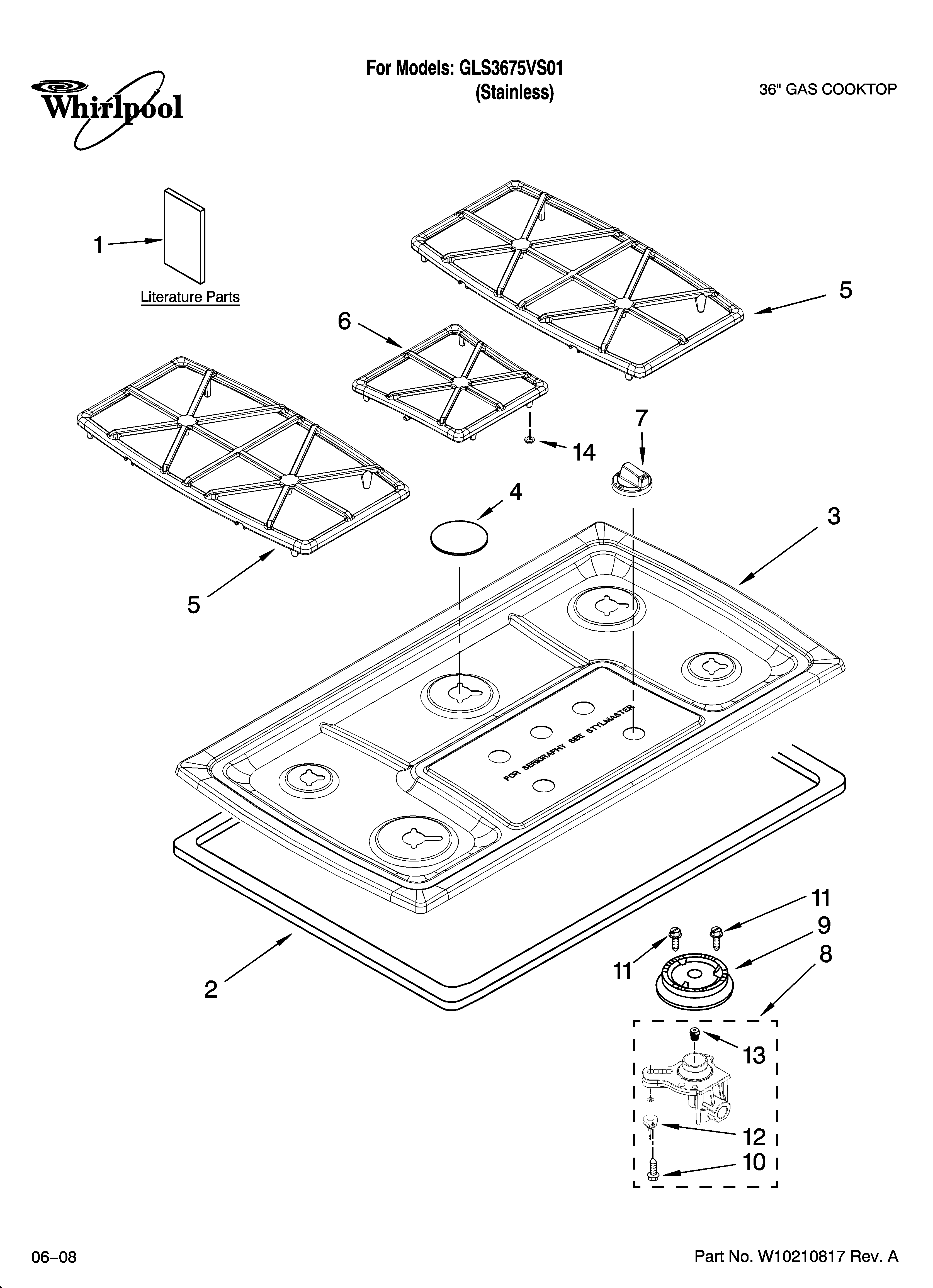 Cooktop, burner and grate parts
