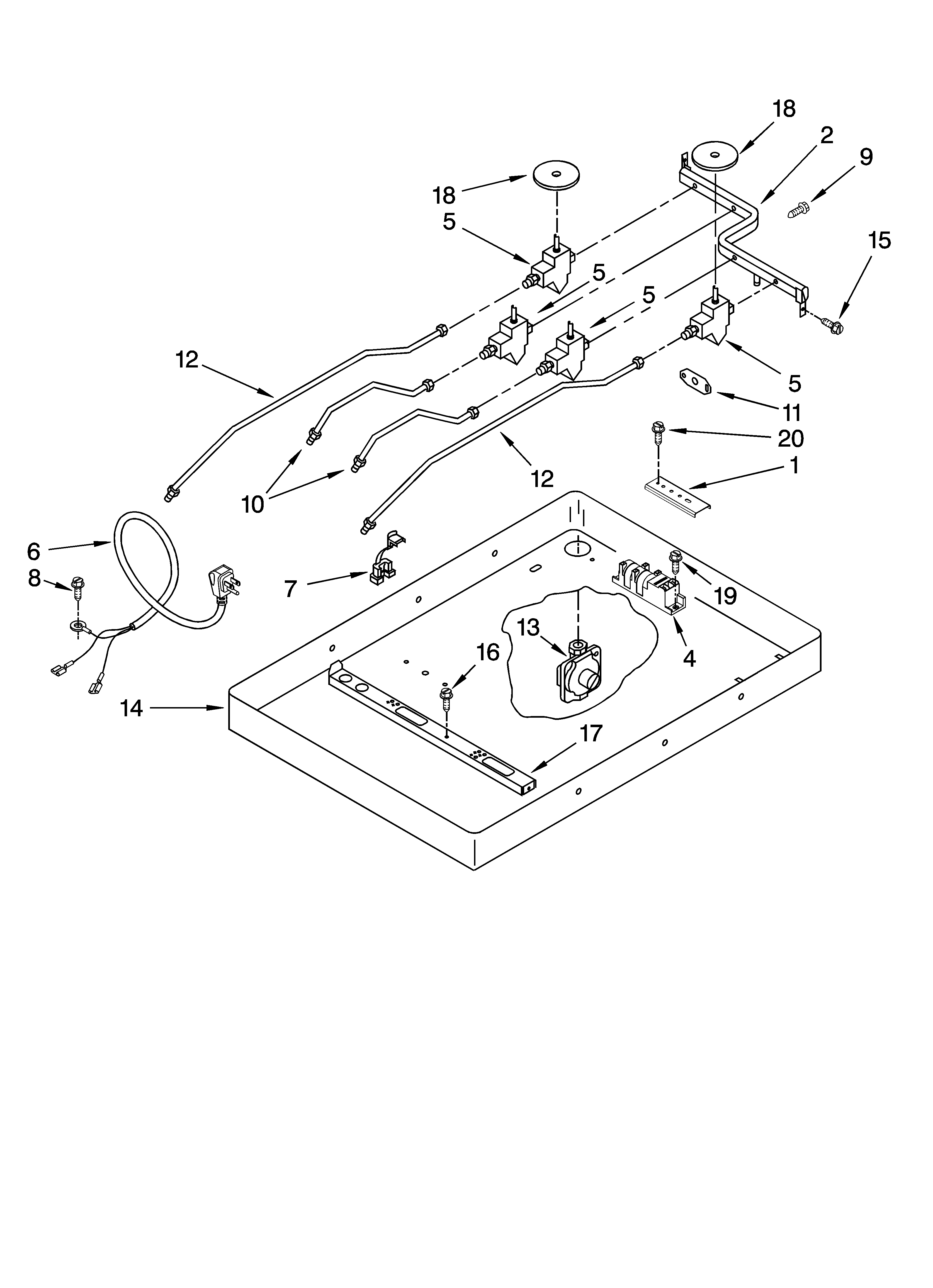 Burner box, gas valves, and switches