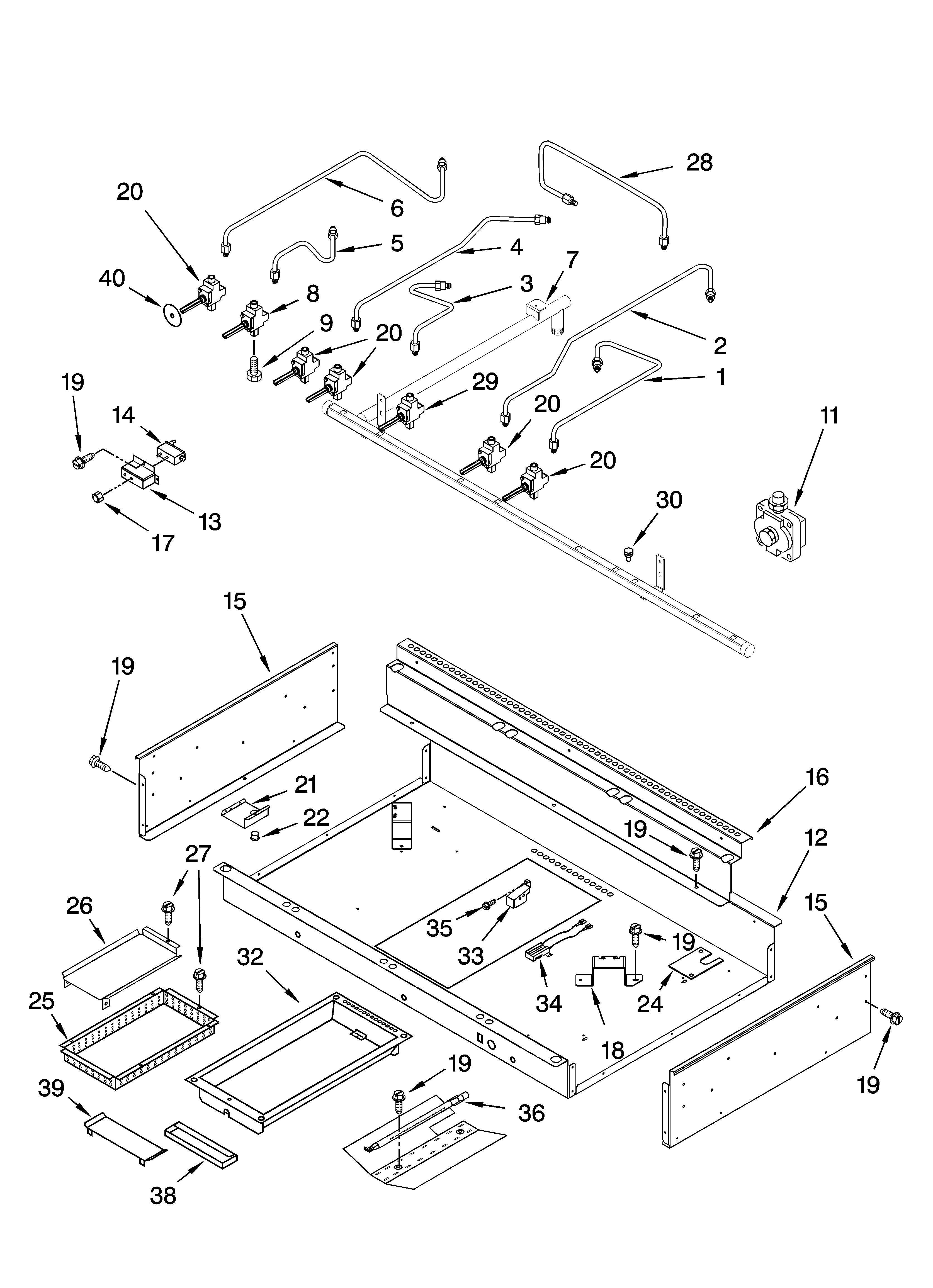 Burner box, gas valves, and switches, optional parts