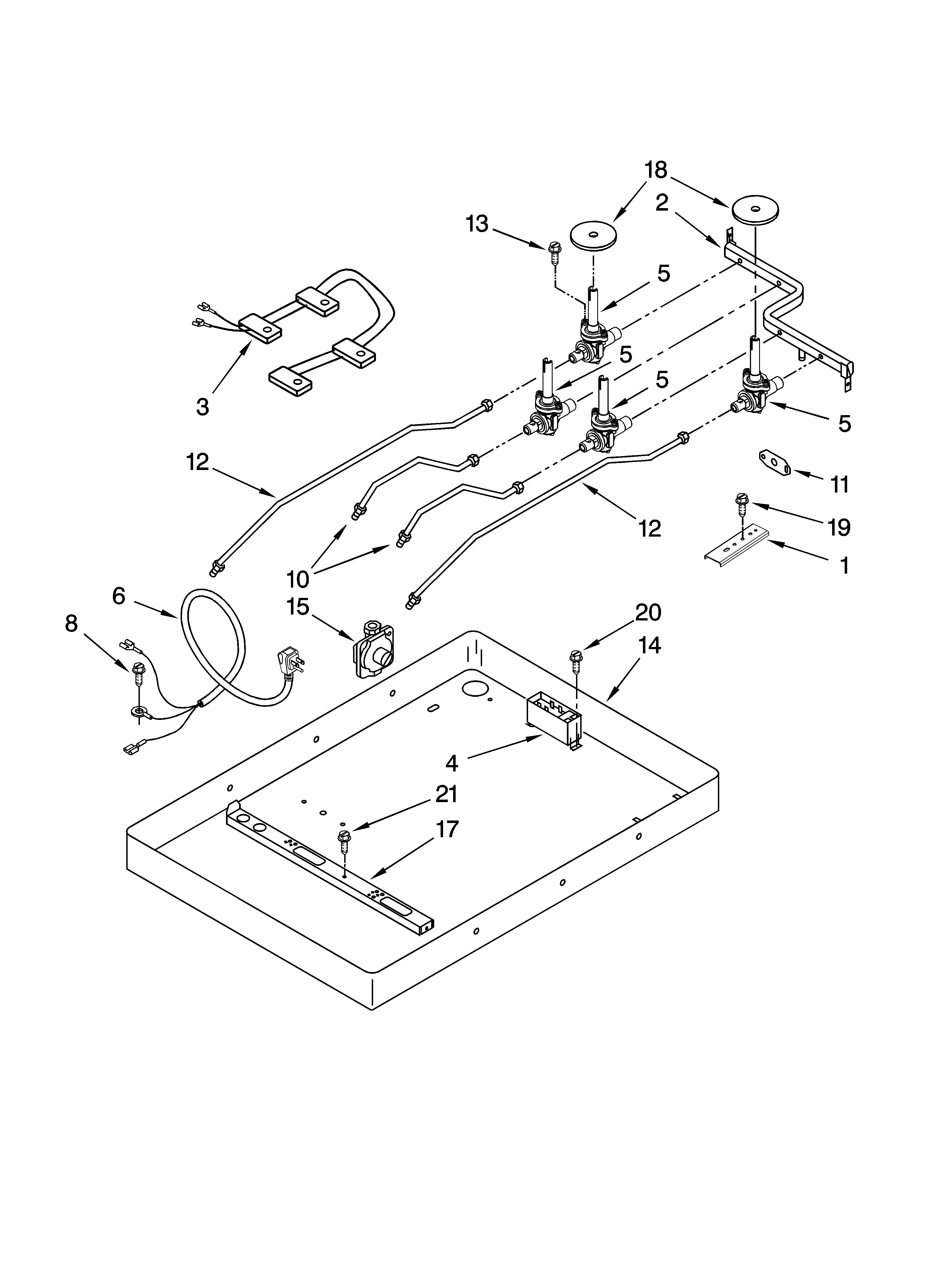 Burner box, gas valves, and switches