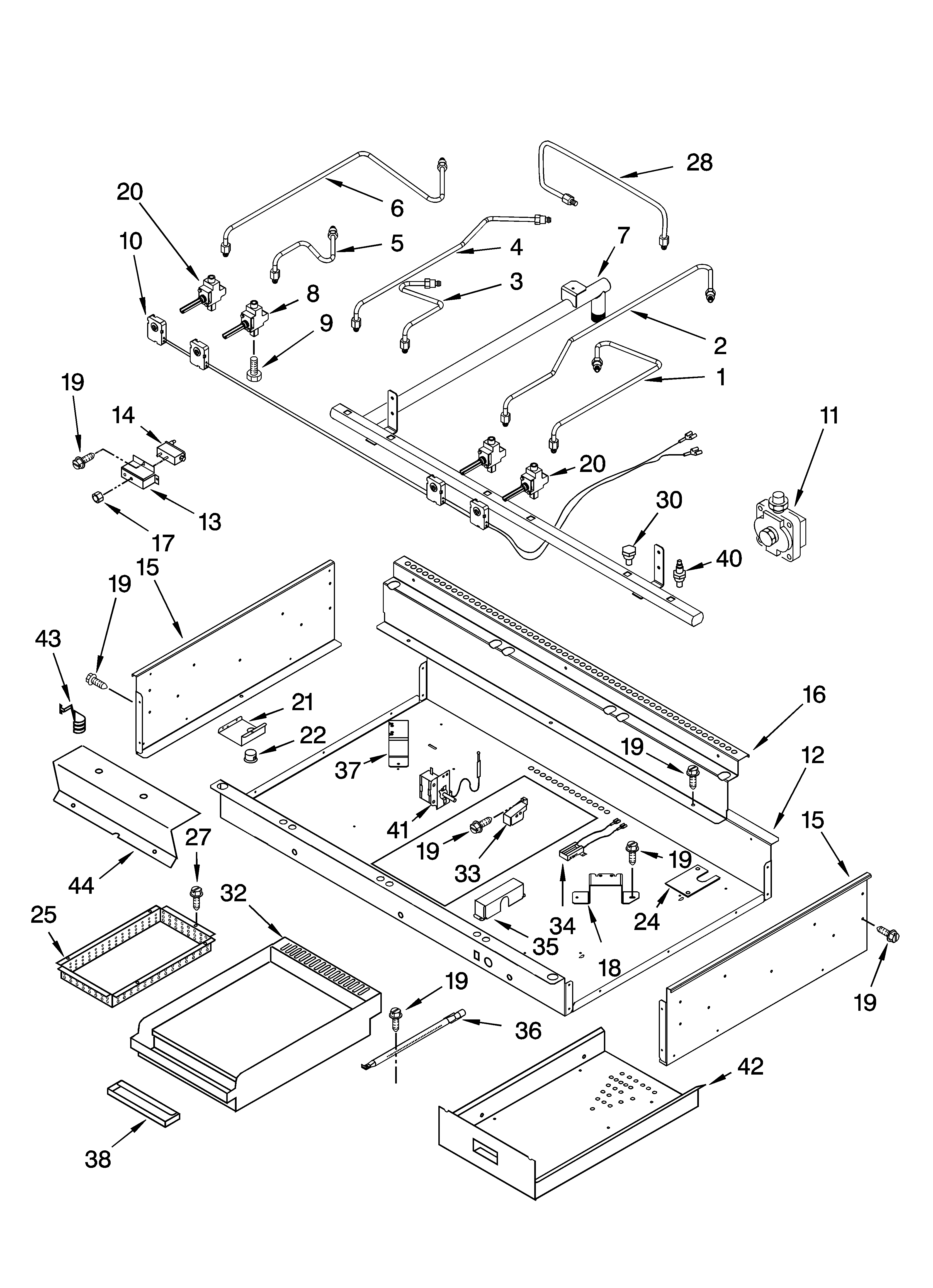 Burner box, gas valves, and switches, optional parts