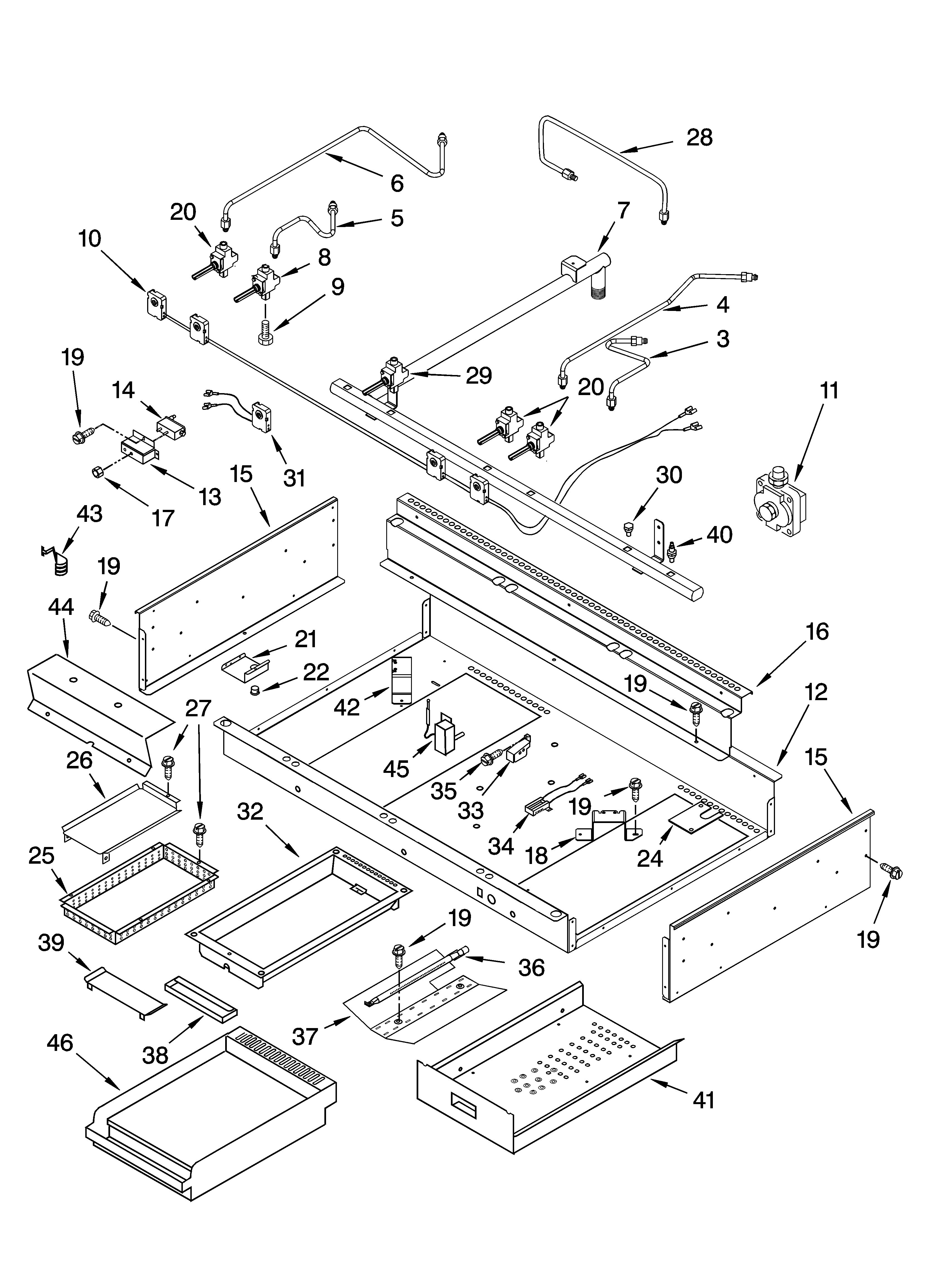 Burner box, gas valves, and switches, optional parts