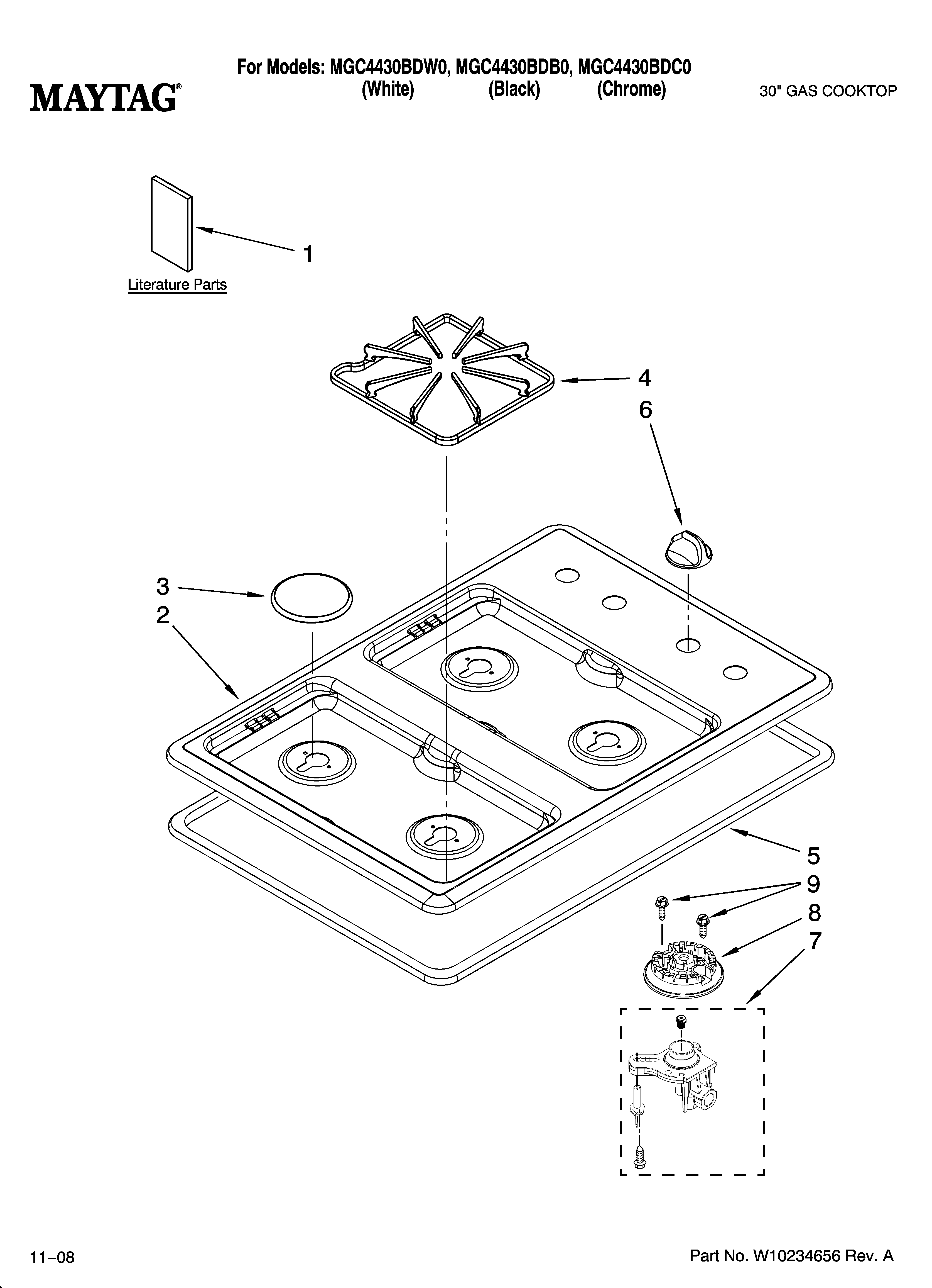 Cooktop, burner and grate parts