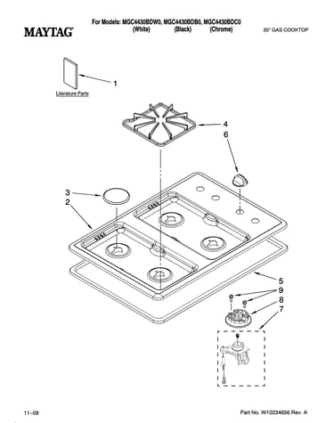 Cooktop, burner and grate parts