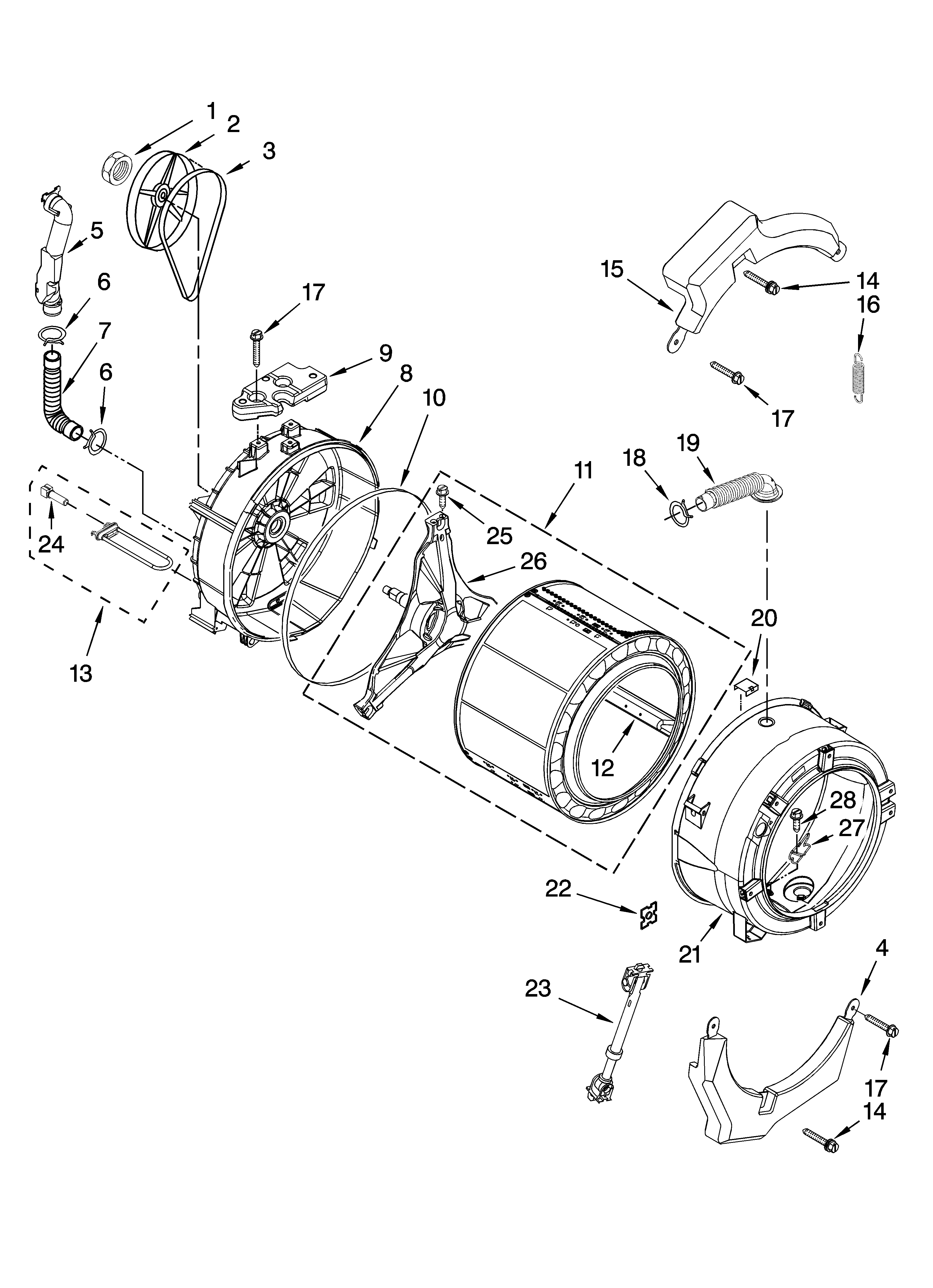 Tub and basket parts, optional parts (not included)