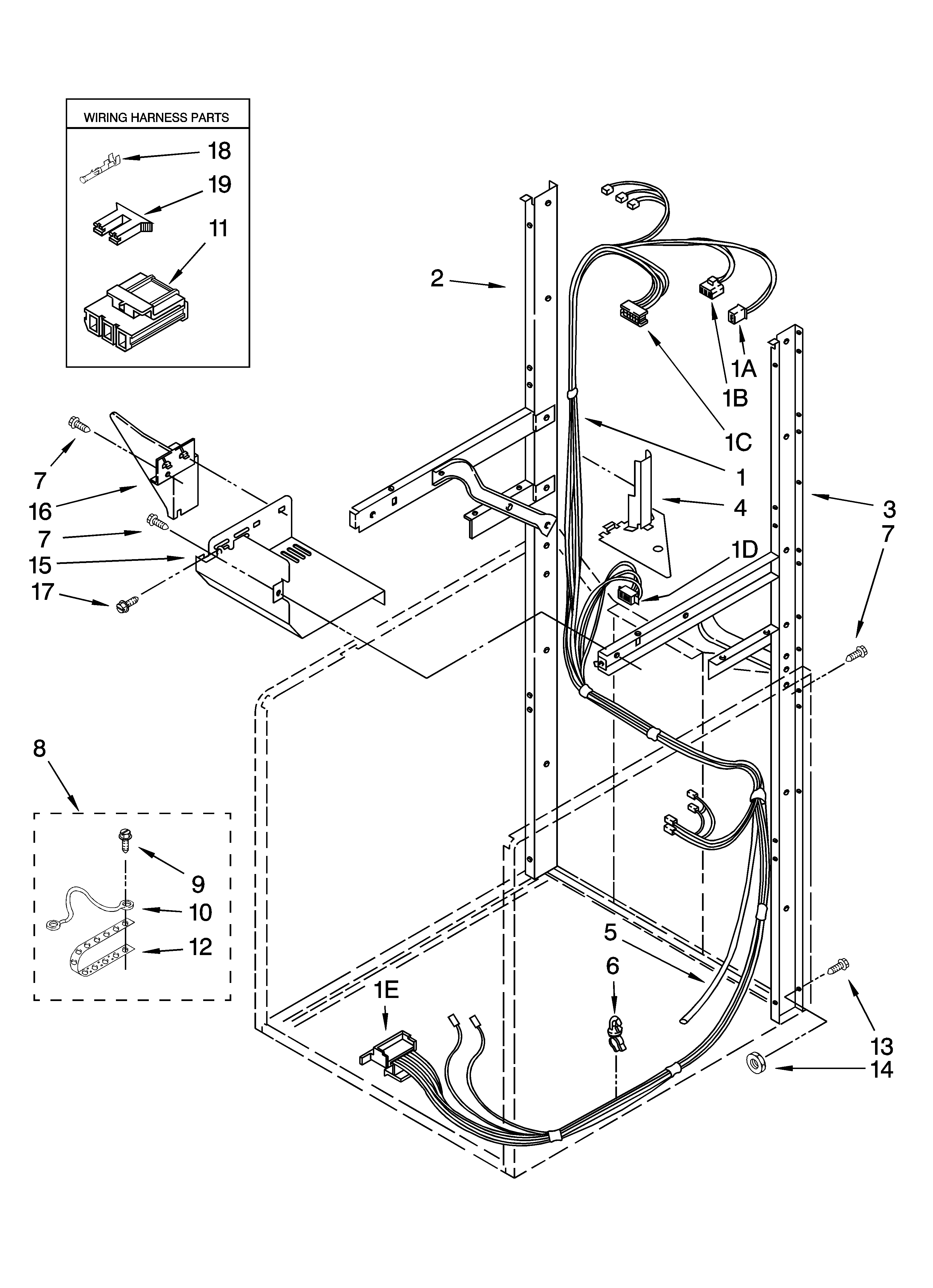 Dryer support and washer harness parts