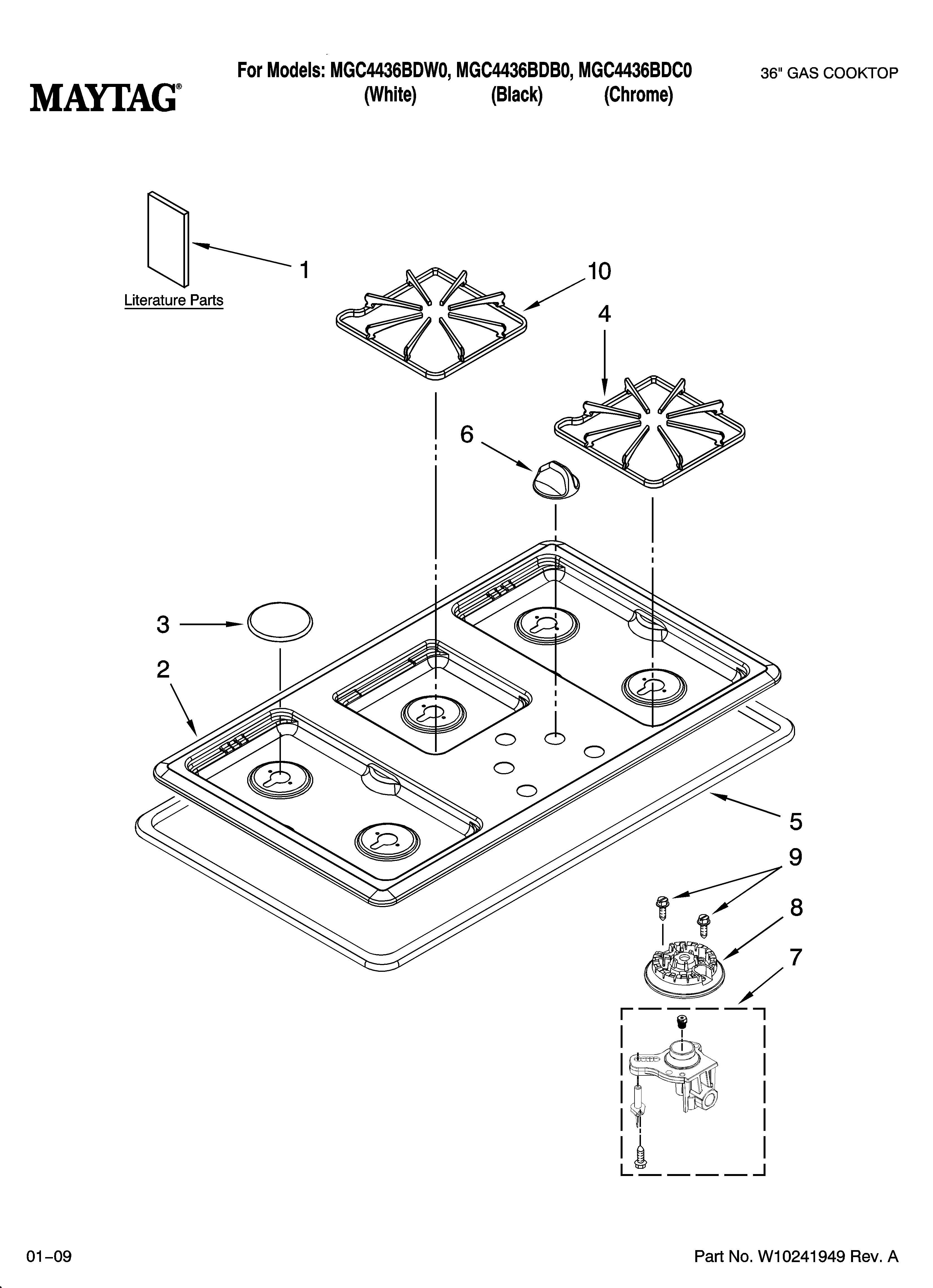 Cooktop, burner and grate parts