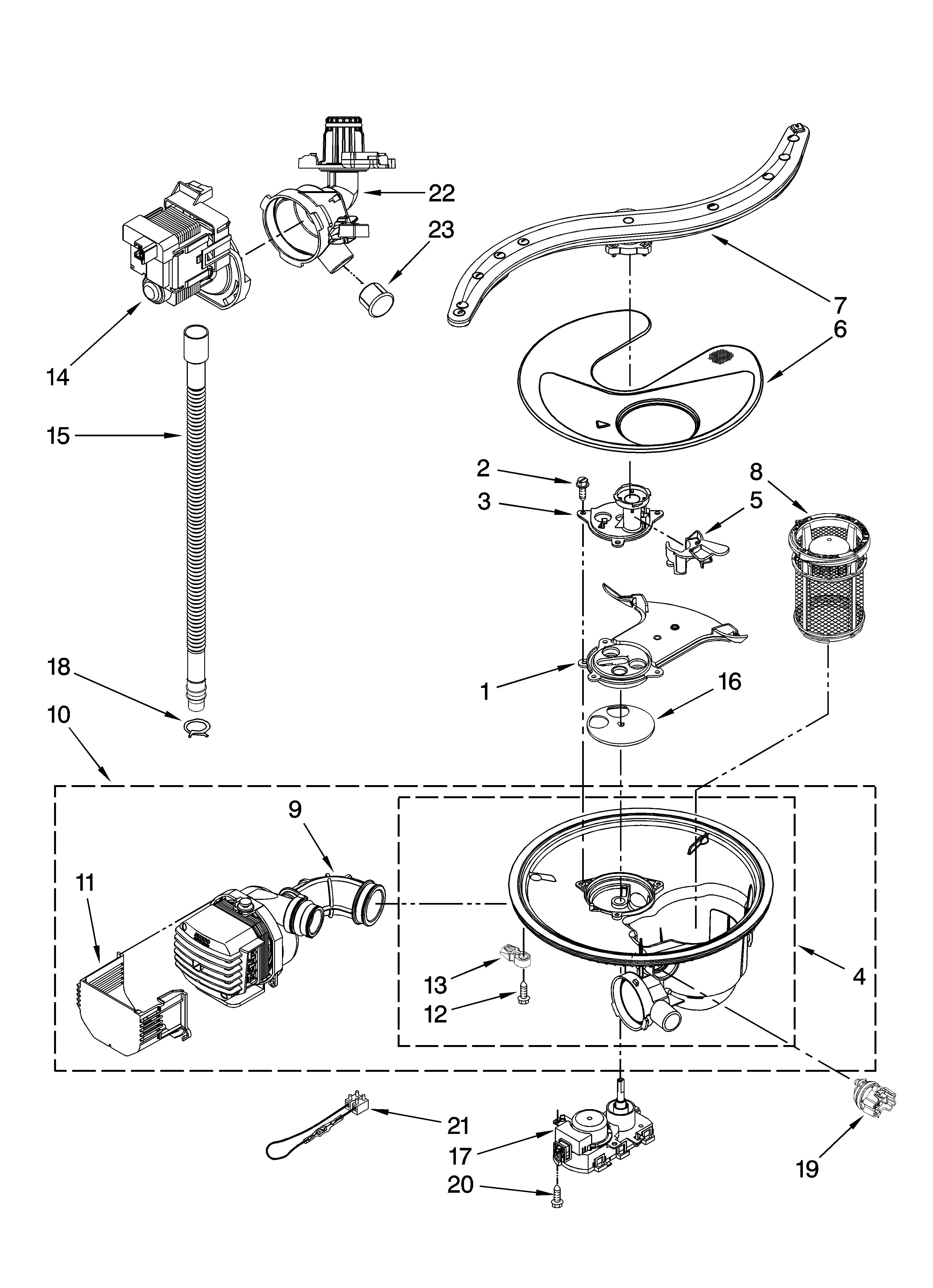 Pump, washarm and motor parts