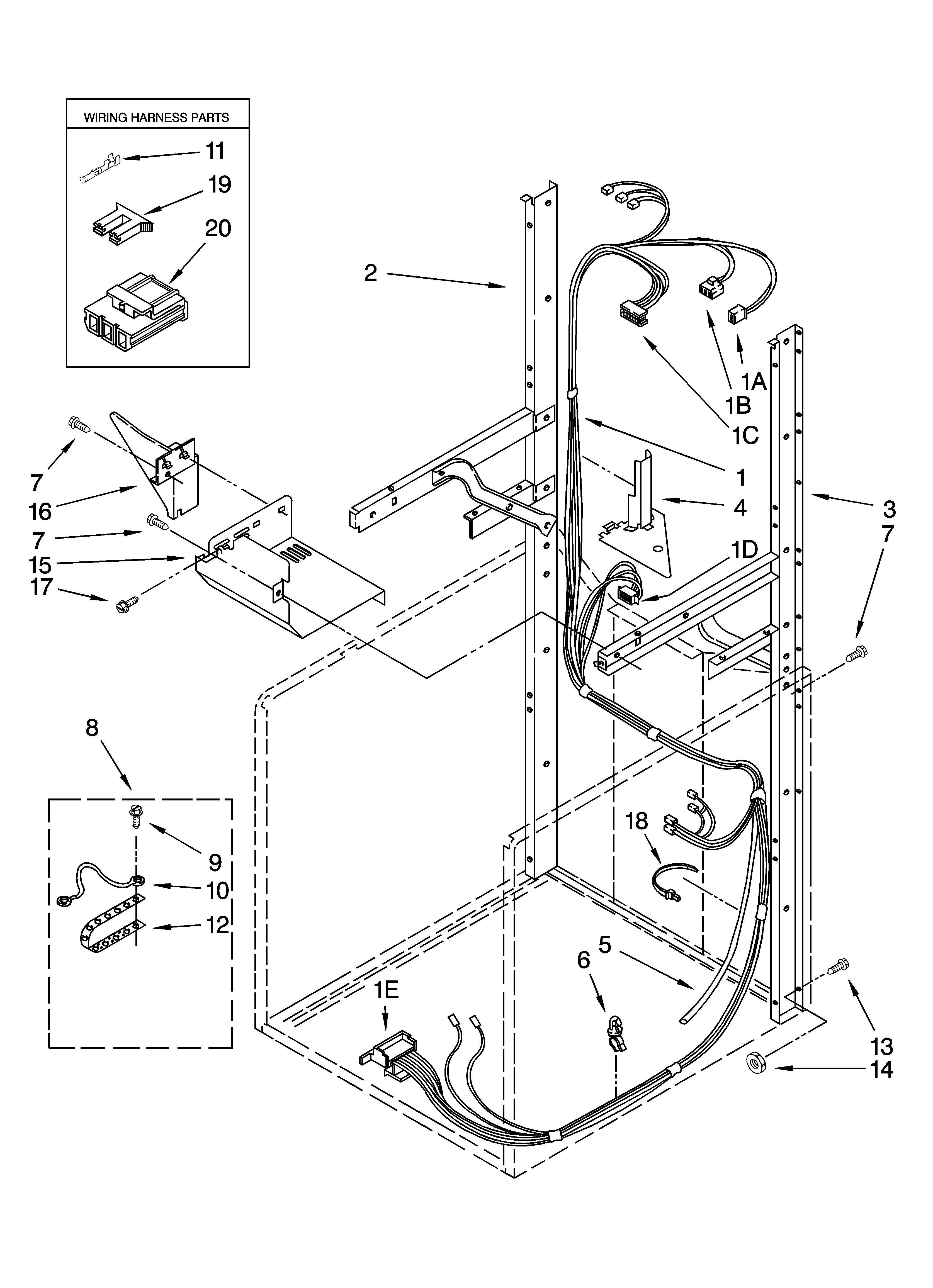 Dryer support and washer harness parts