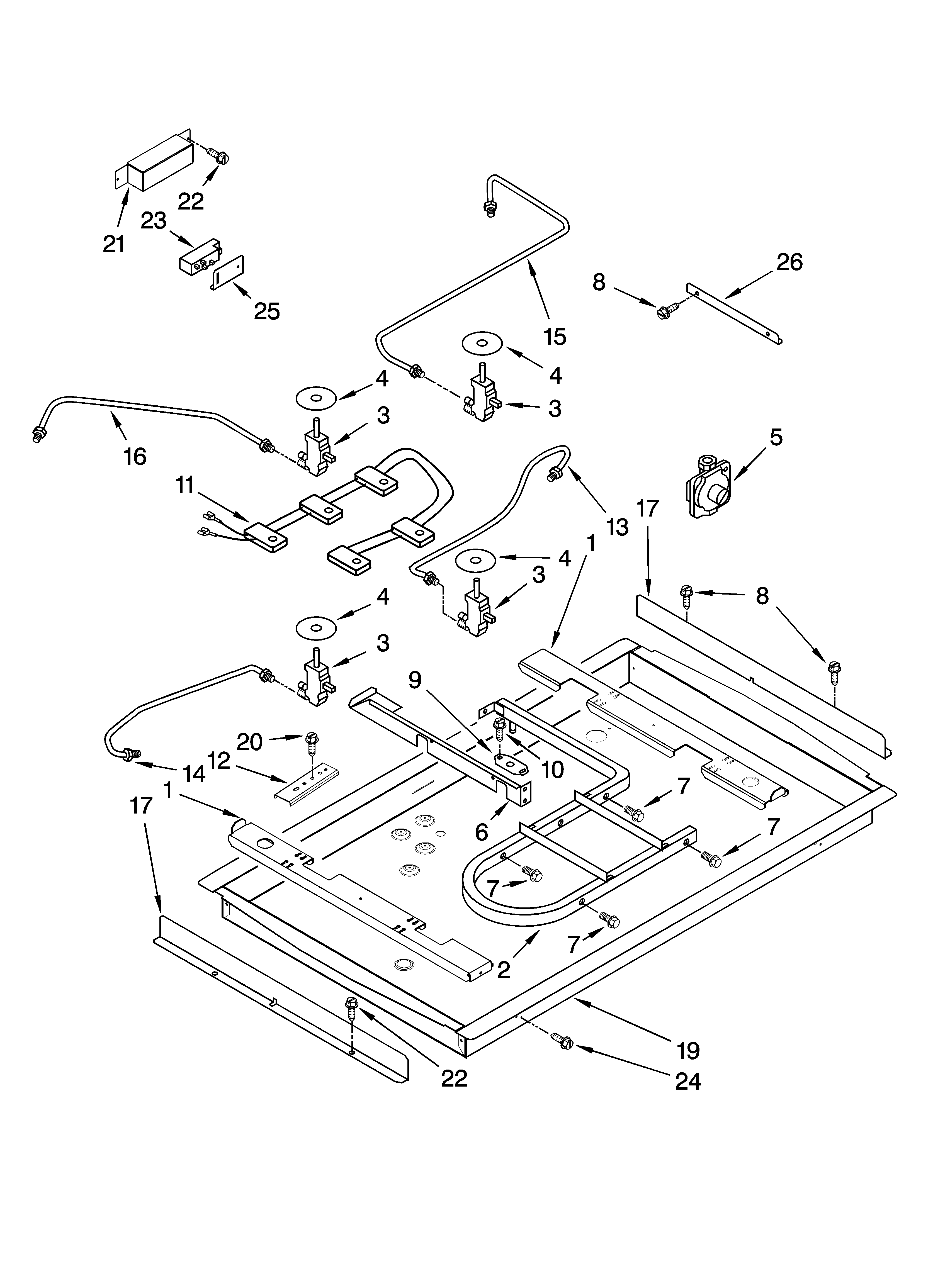 Burner box, gas valves, and switches
