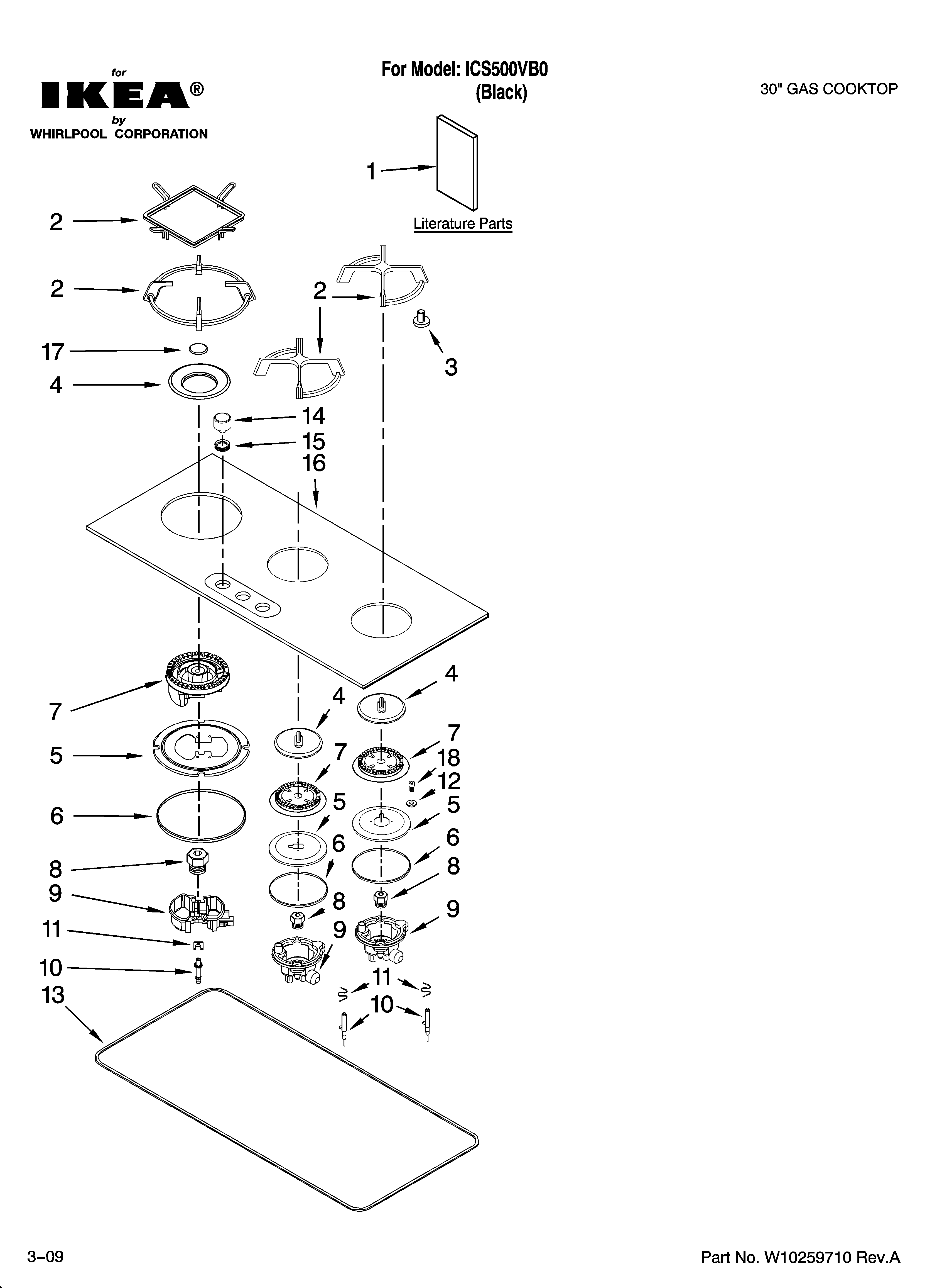 Cooktop, burner and grate parts