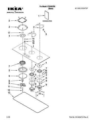 Cooktop, burner and grate parts