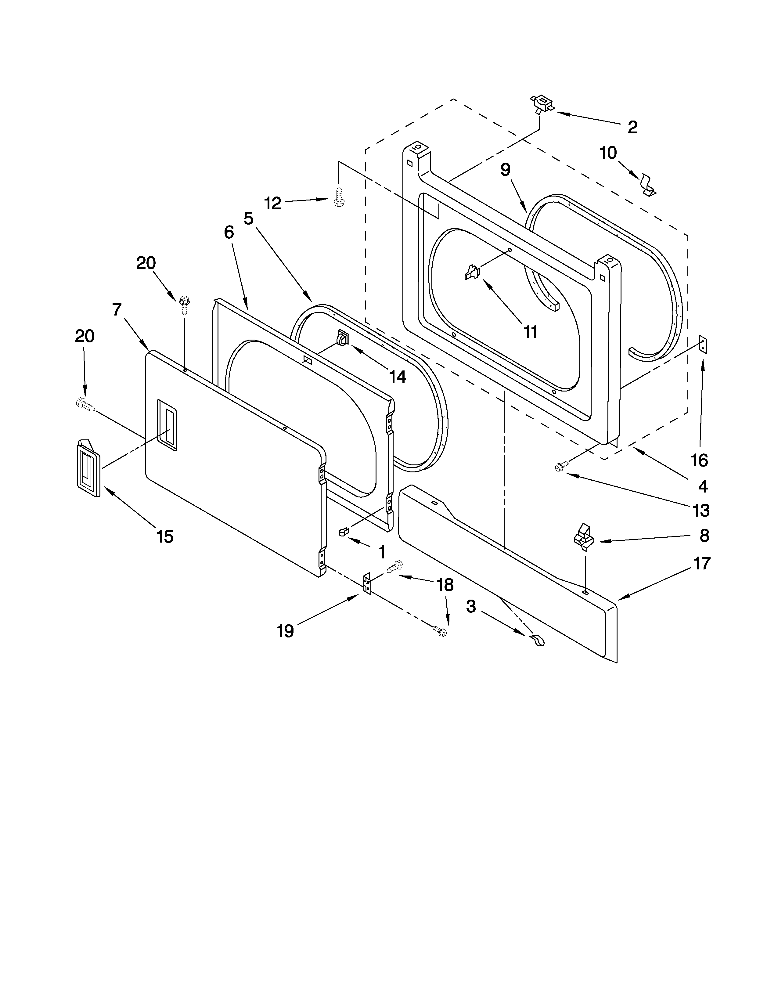 Dryer front panel and door parts