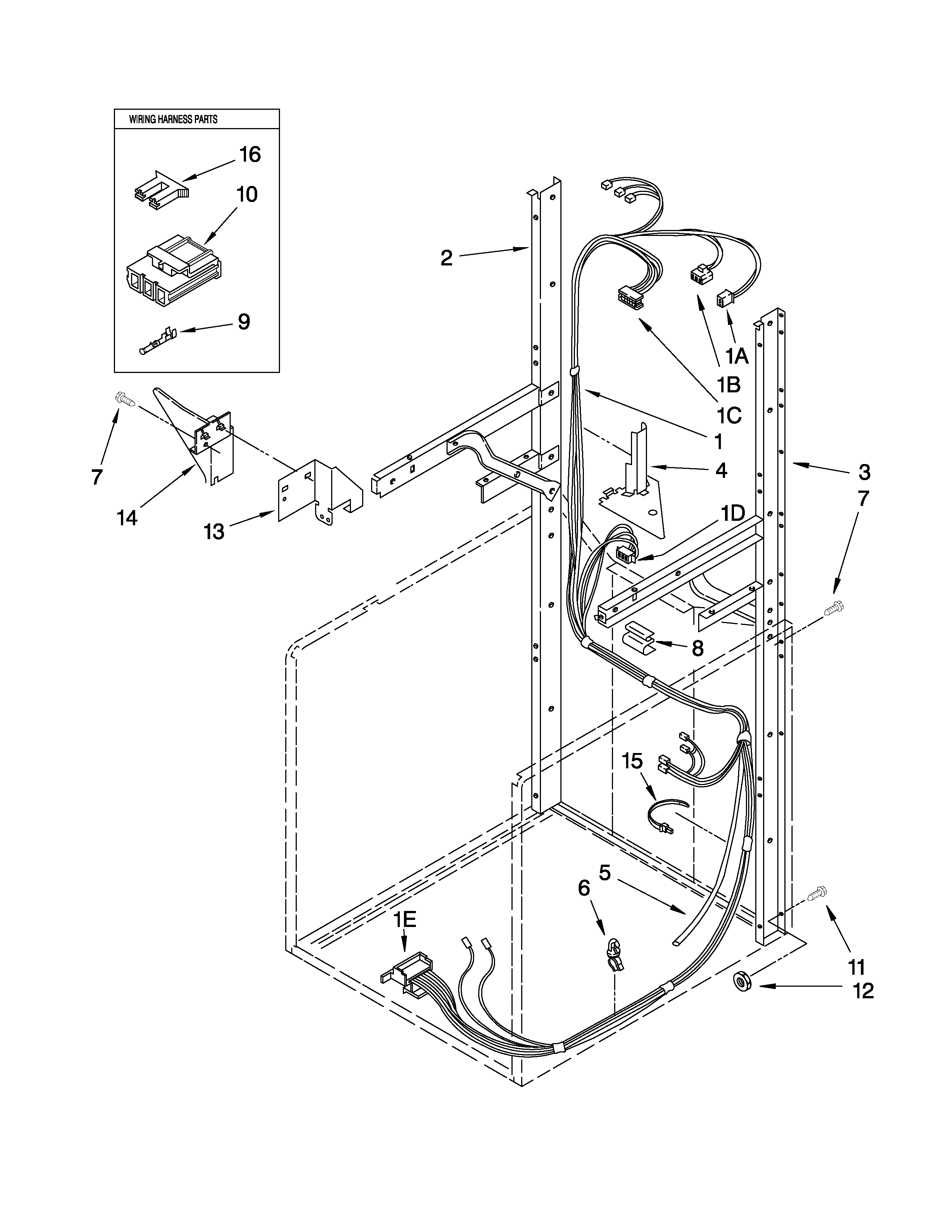 Dryer support and washer harness parts