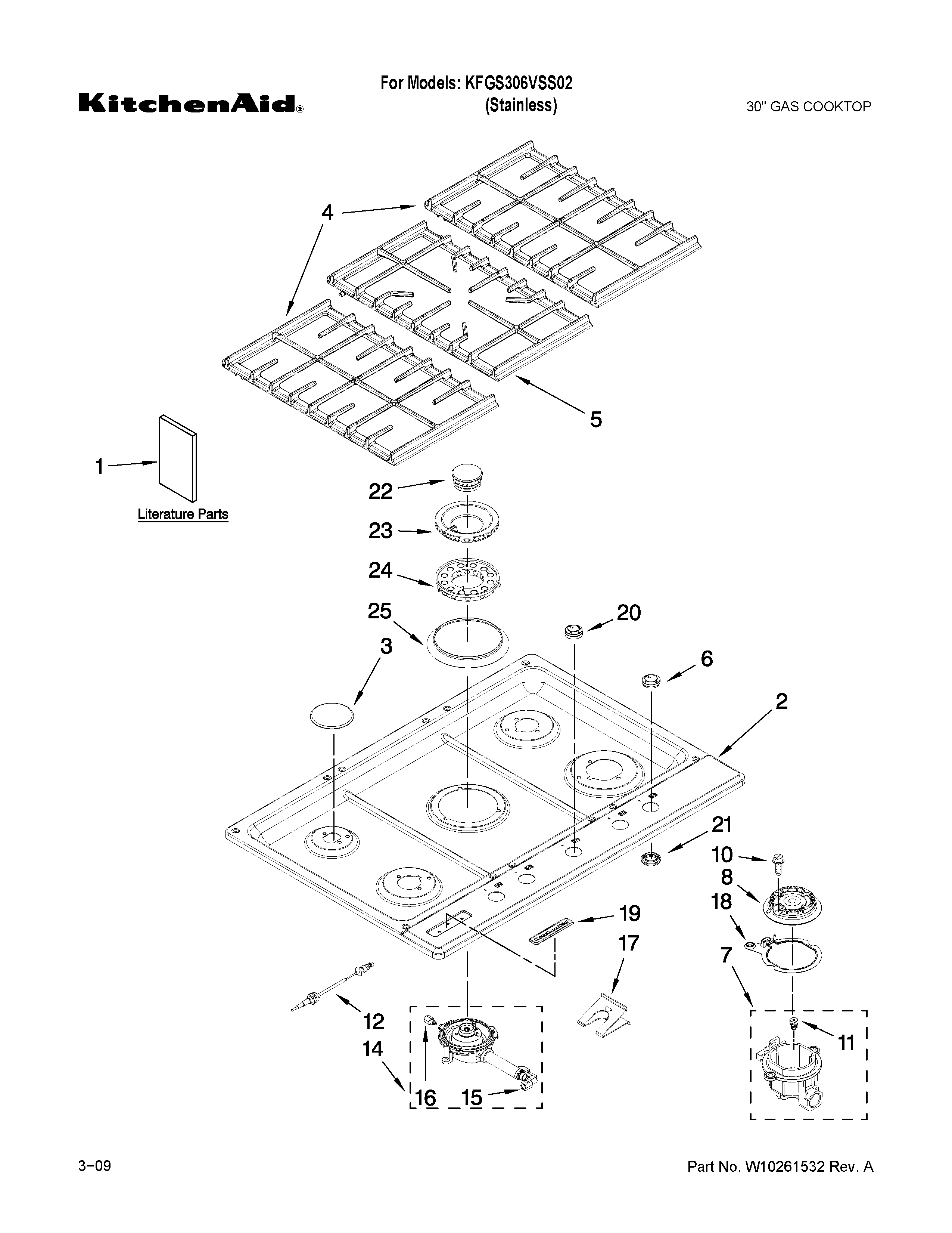 Cooktop, burner and grate parts