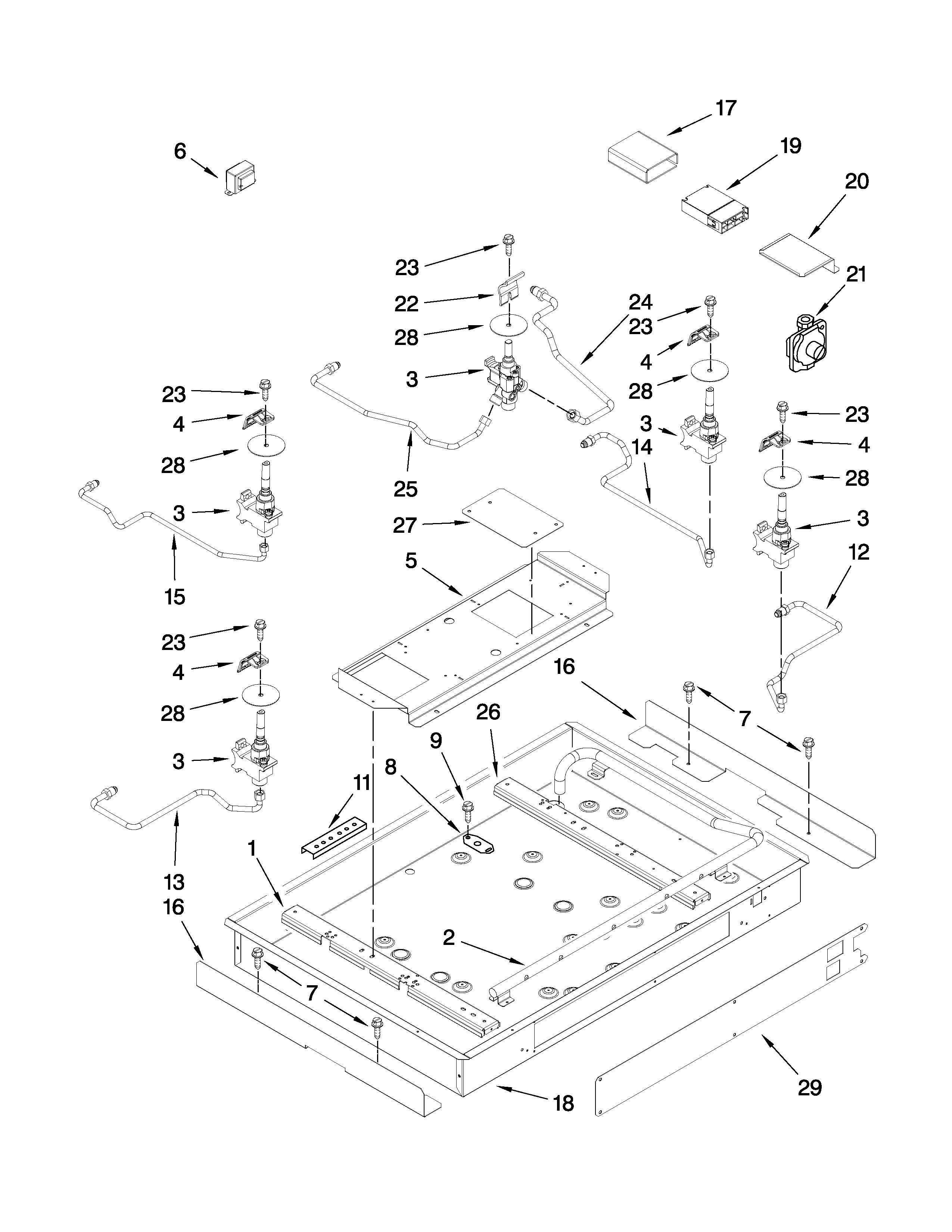 Burner box, gas valves, and switches