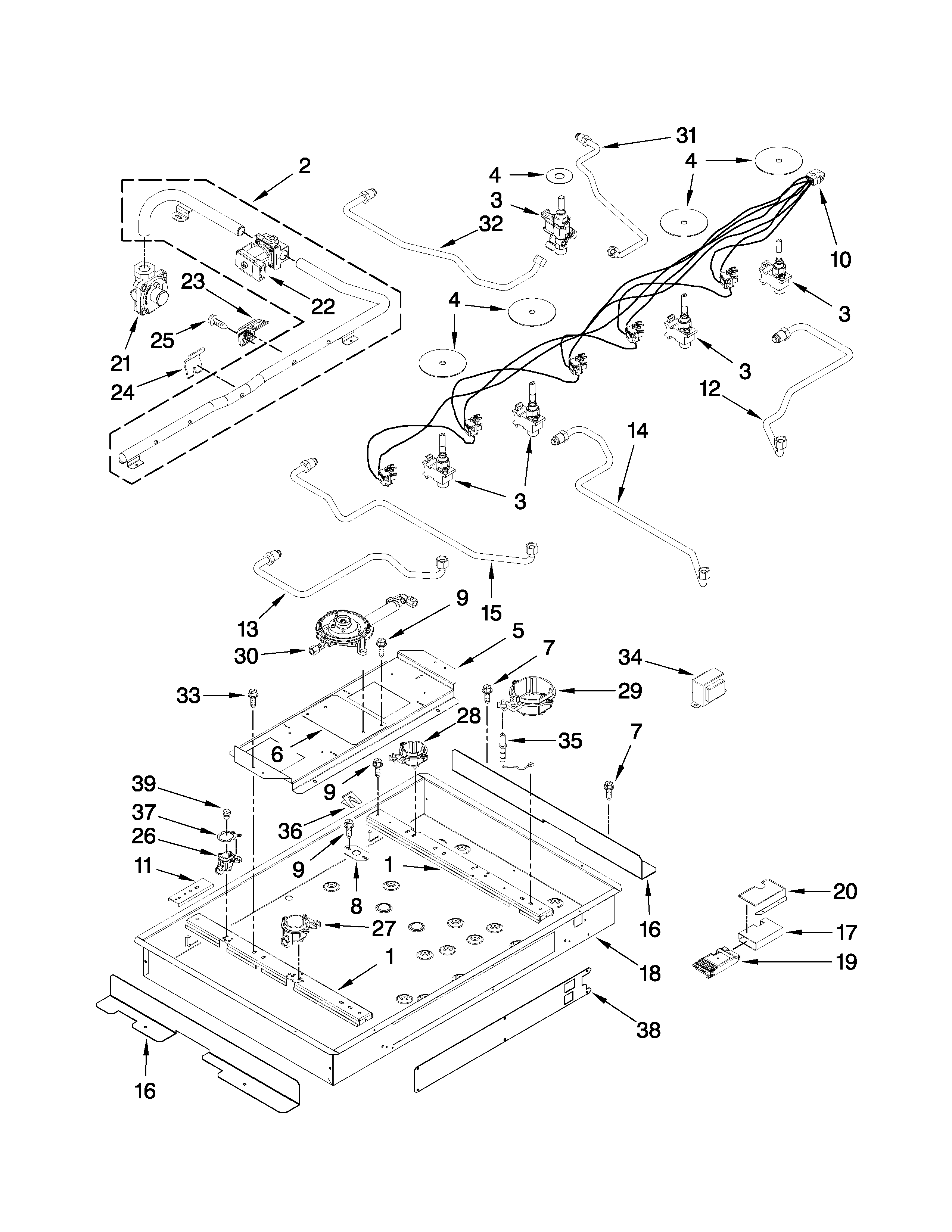 BURNER BOX, GAS VALVES, AND SWITCHES