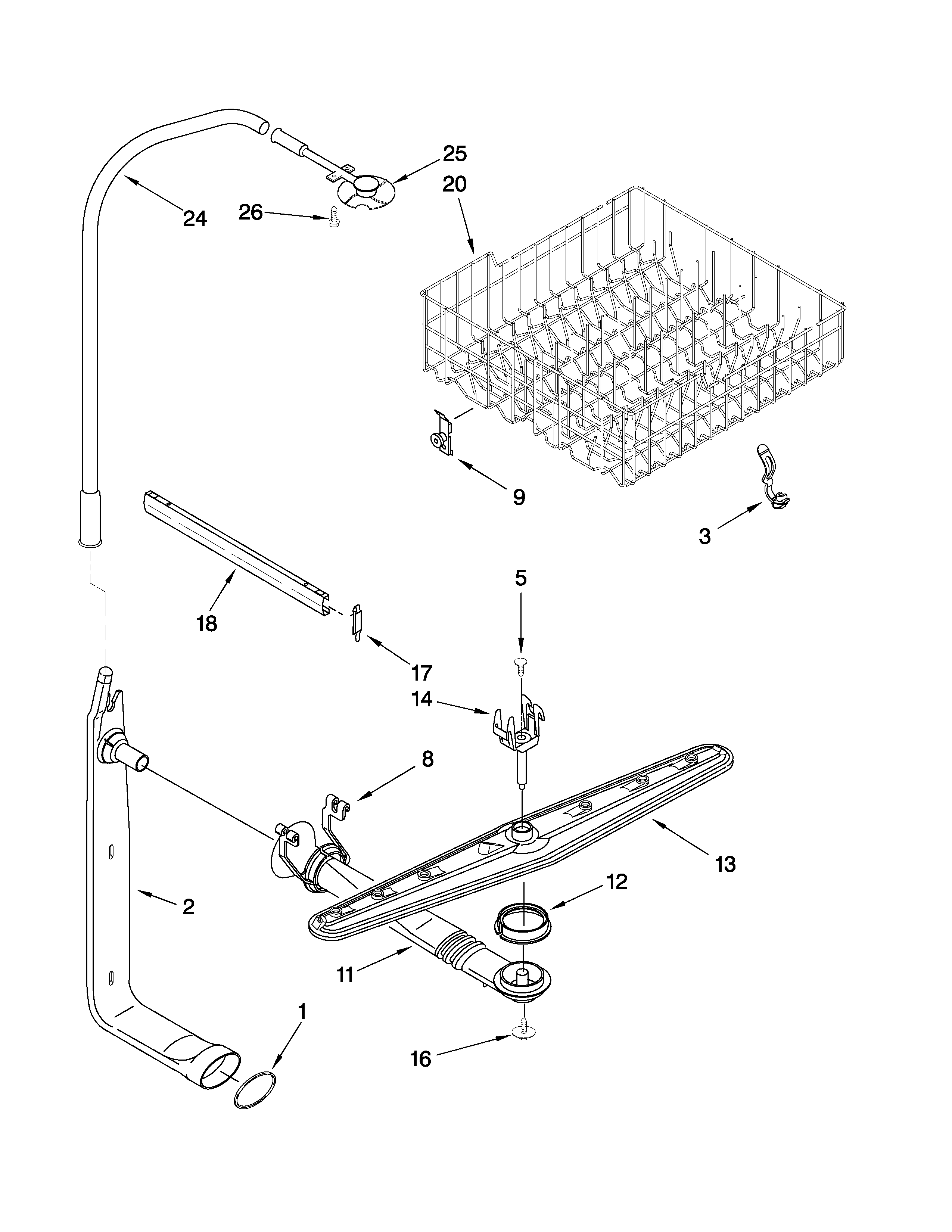 Upper dishrack and water feed parts