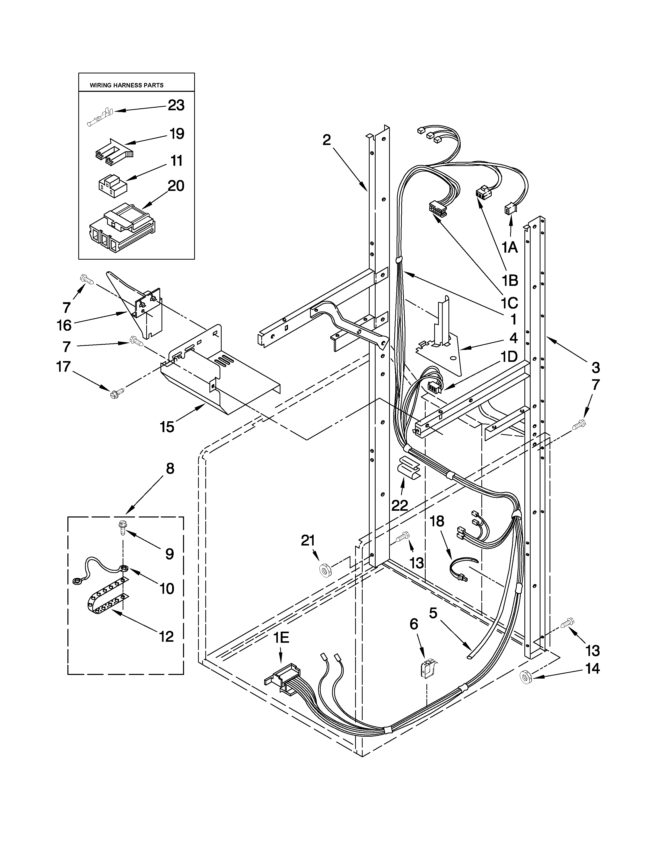 Dryer support and washer harness parts