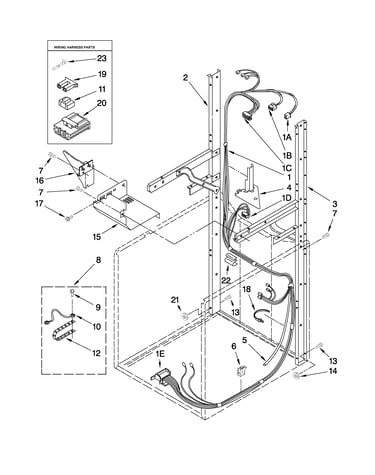 Dryer support and washer harness parts