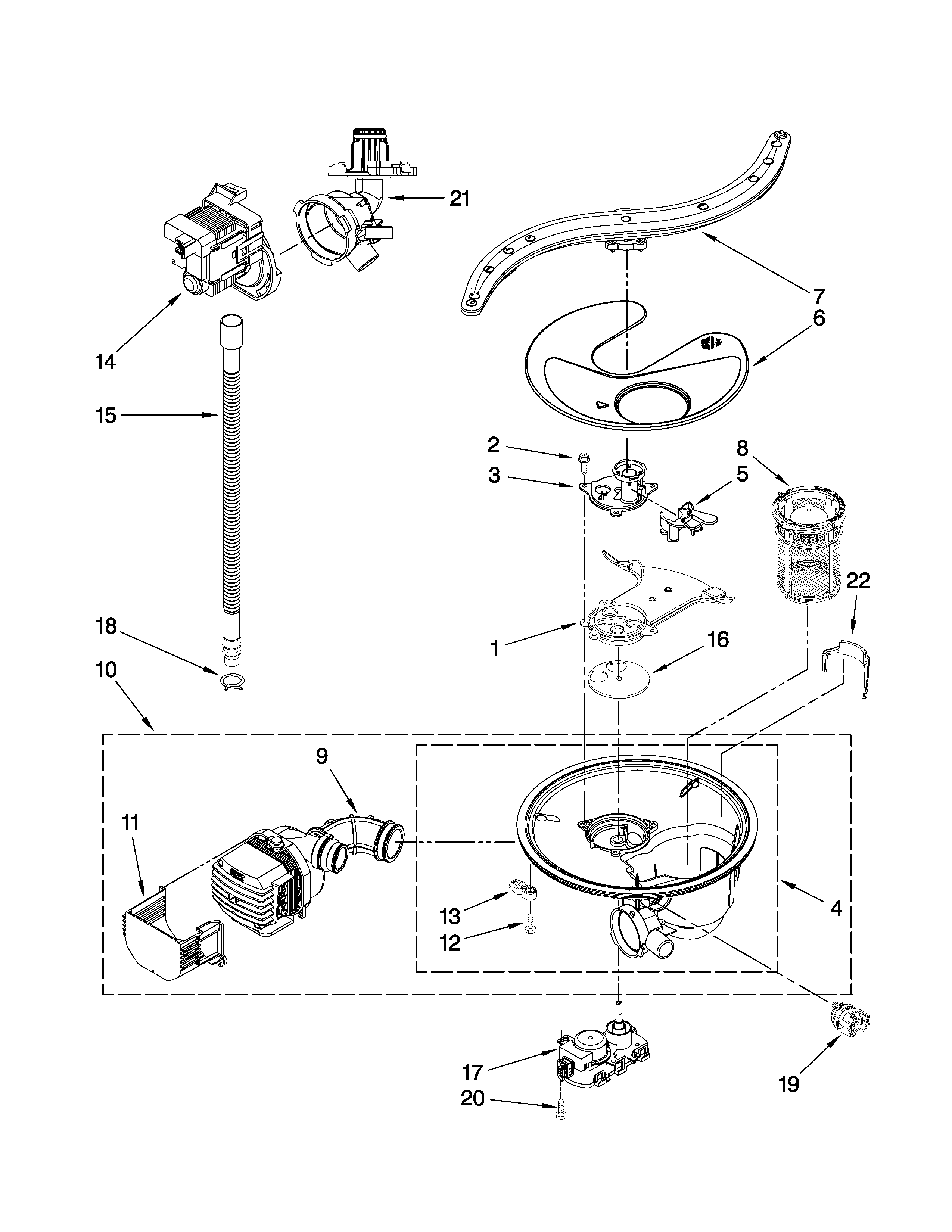 Pump, washarm and motor parts