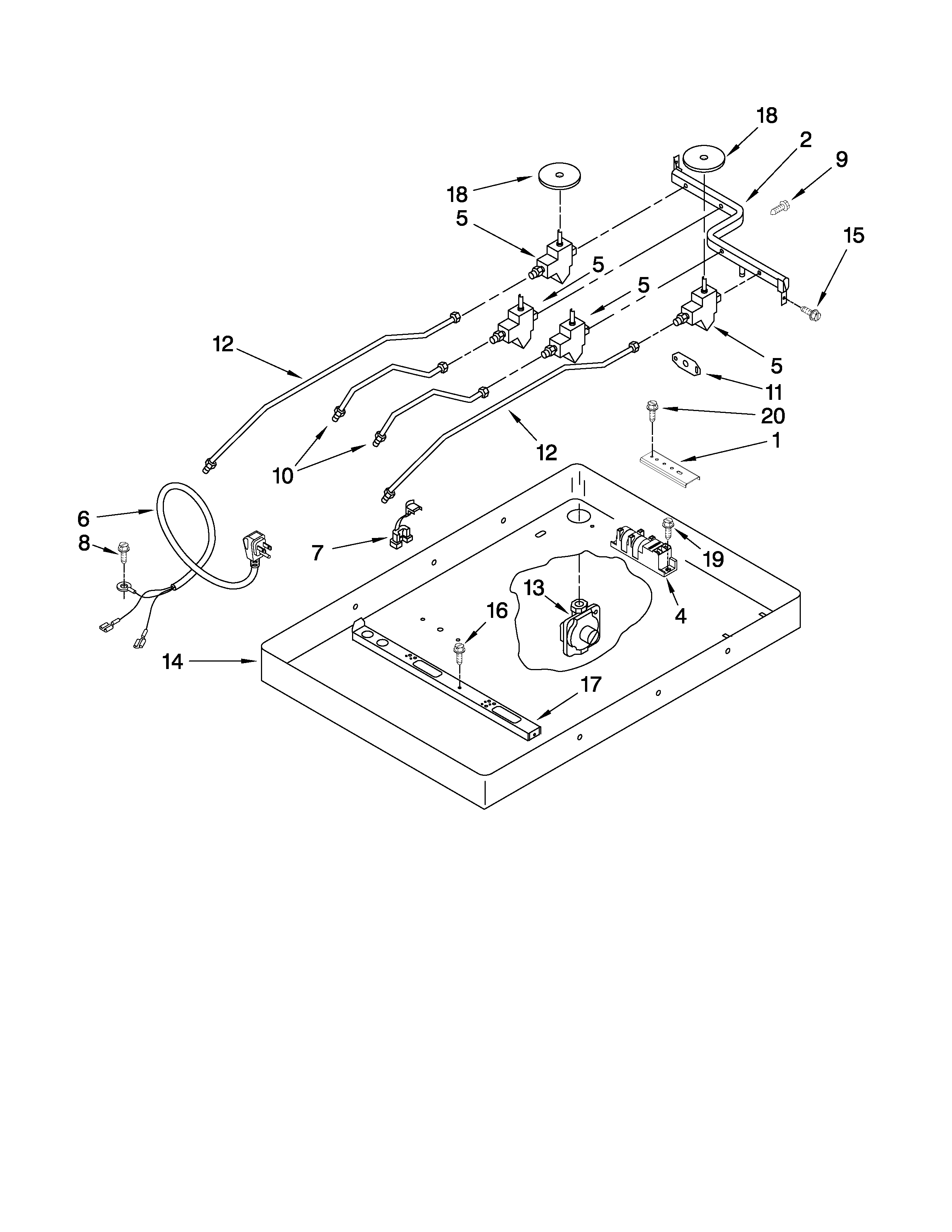 Burner box, gas valves, and switches
