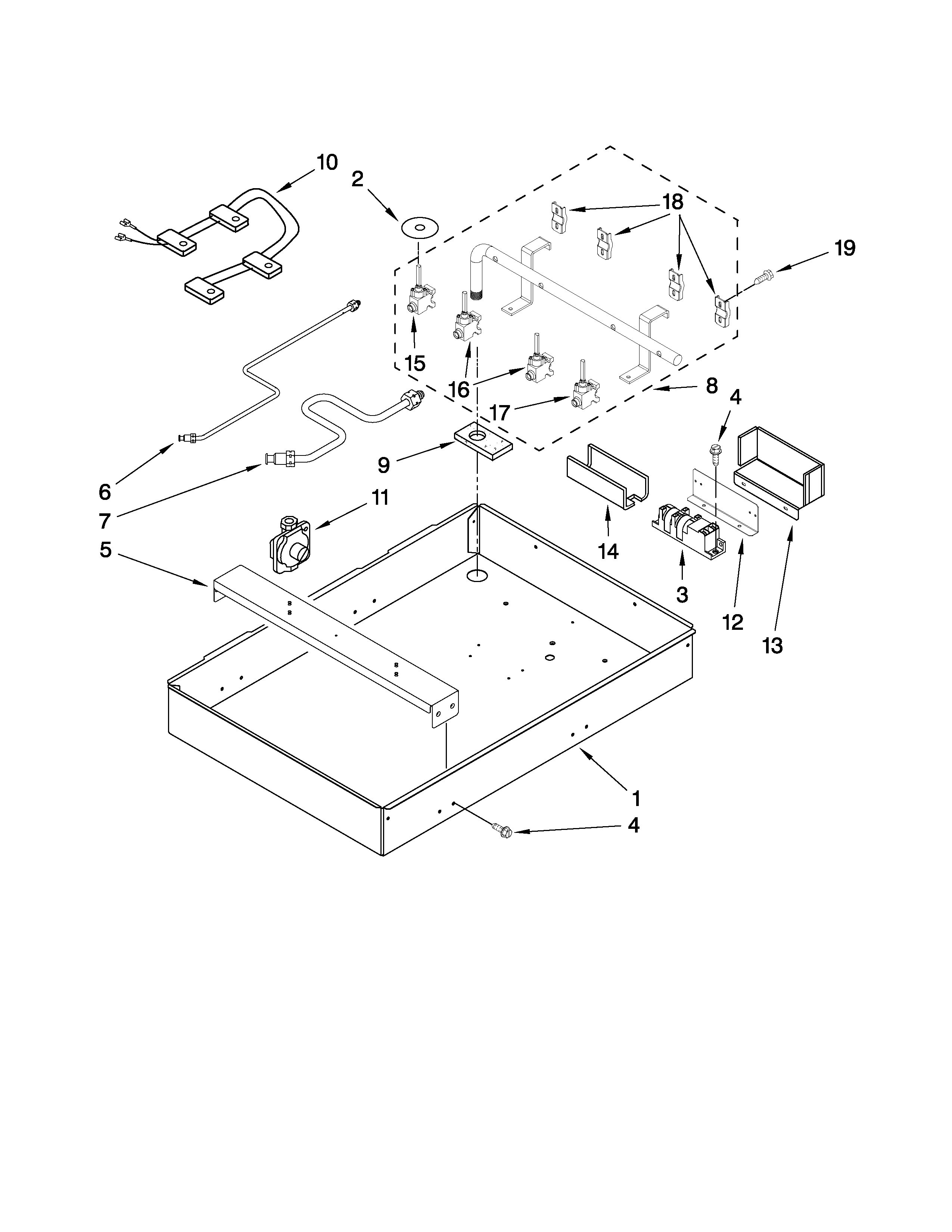 BURNER BOX, GAS VALVES, AND SWITCHES