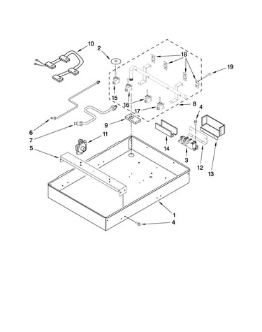 Burner box, gas valves, and switches