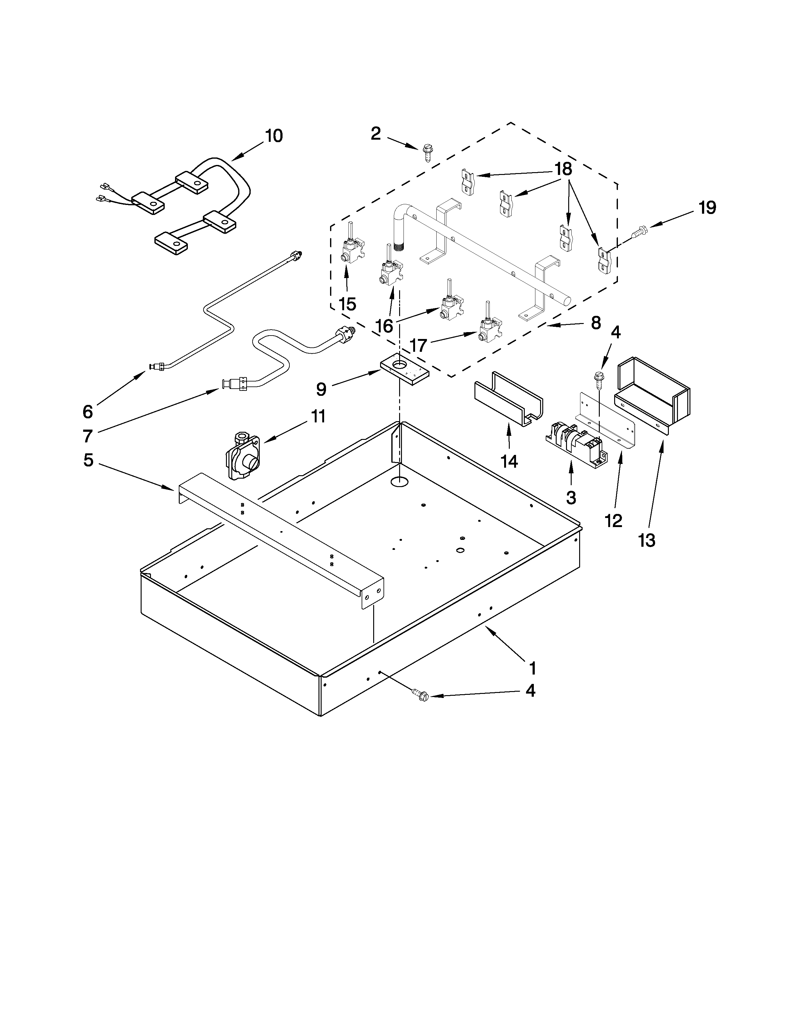 Burner box, gas valves, and switches