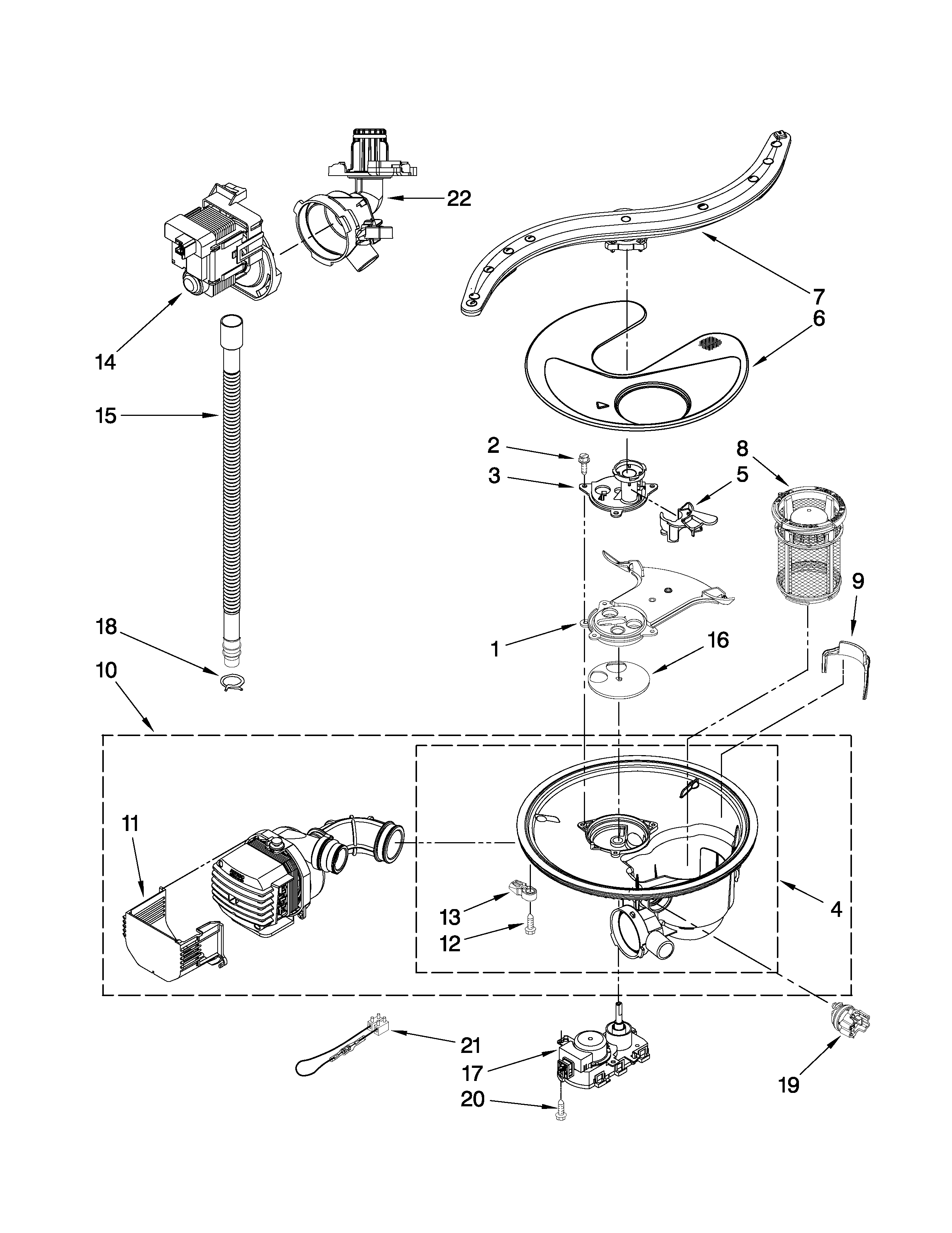 Pump, washarm and motor parts