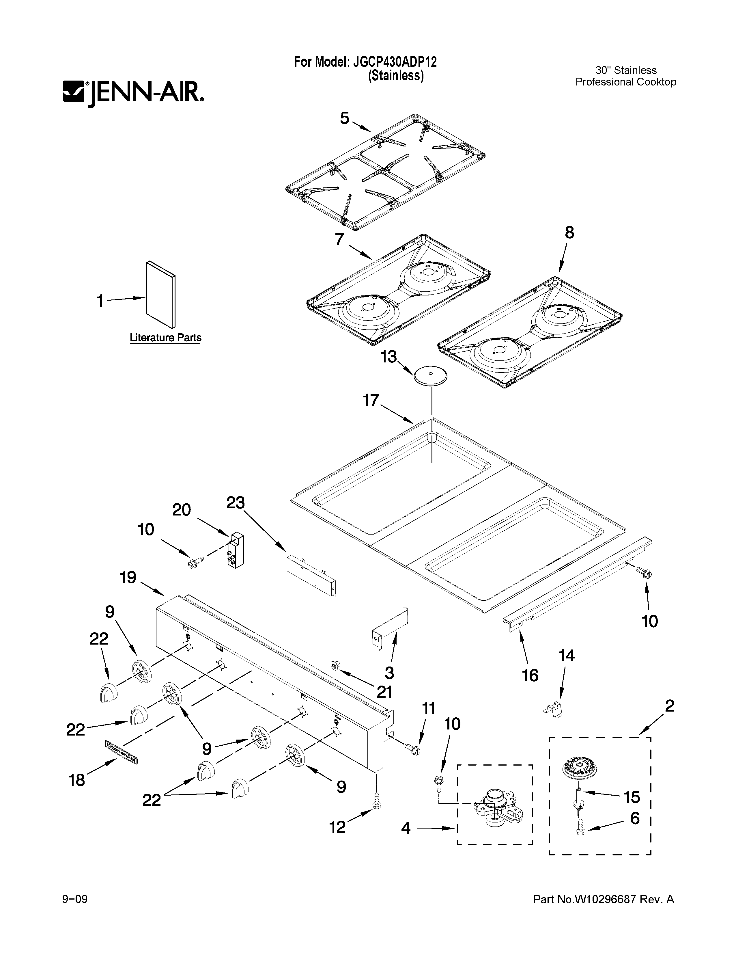 Cooktop, burner and grate parts