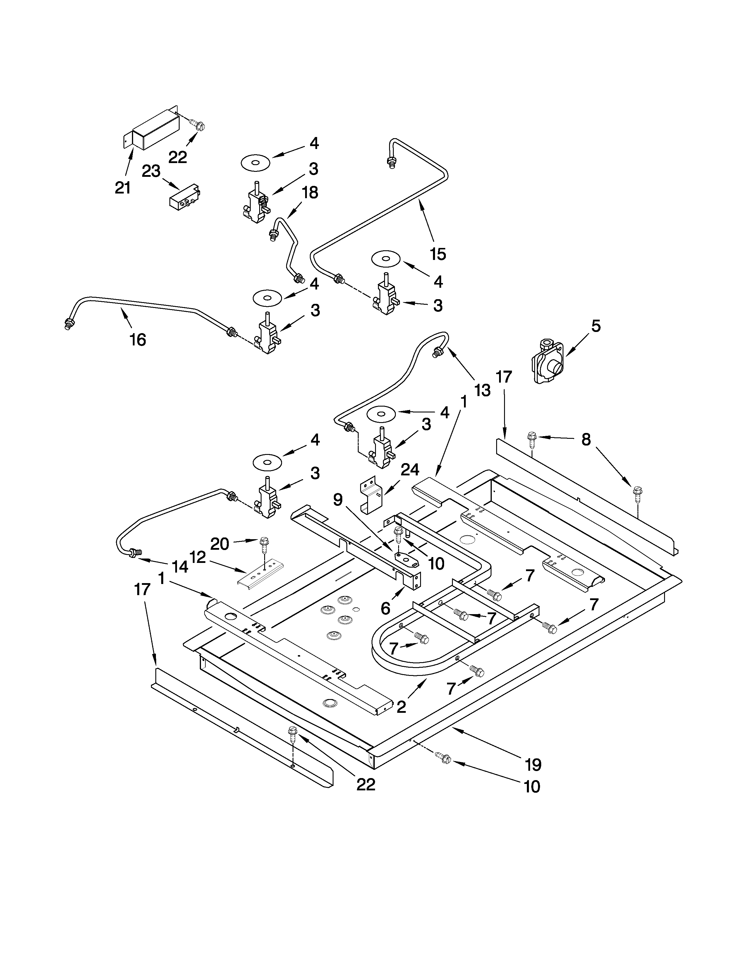 Burner box, gas valves, and switches