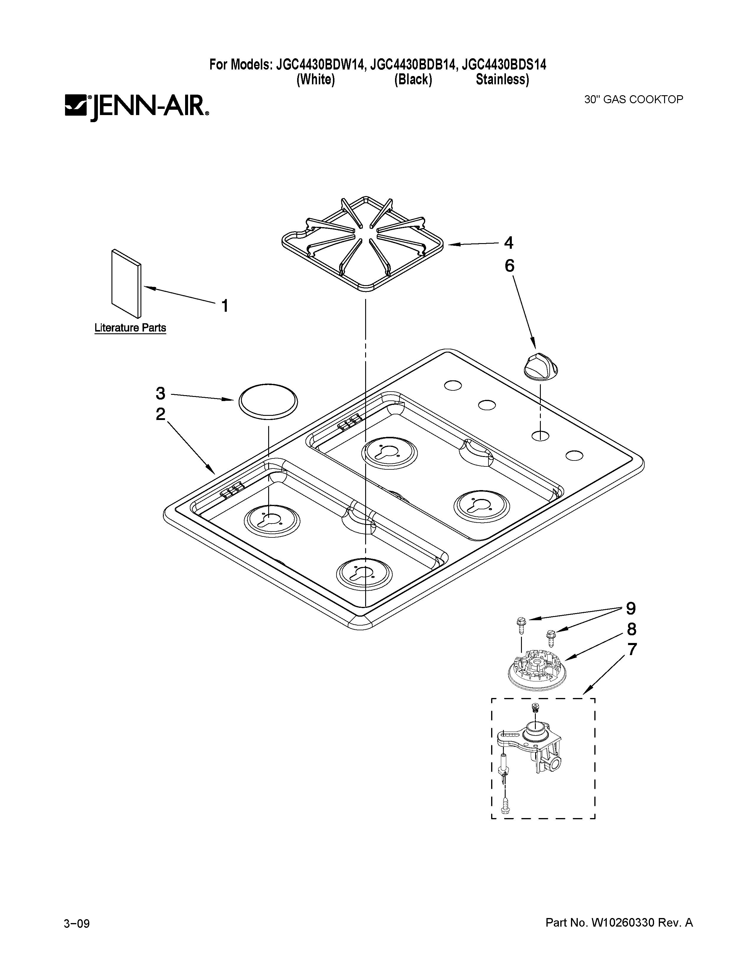 Cooktop, burner and grate parts