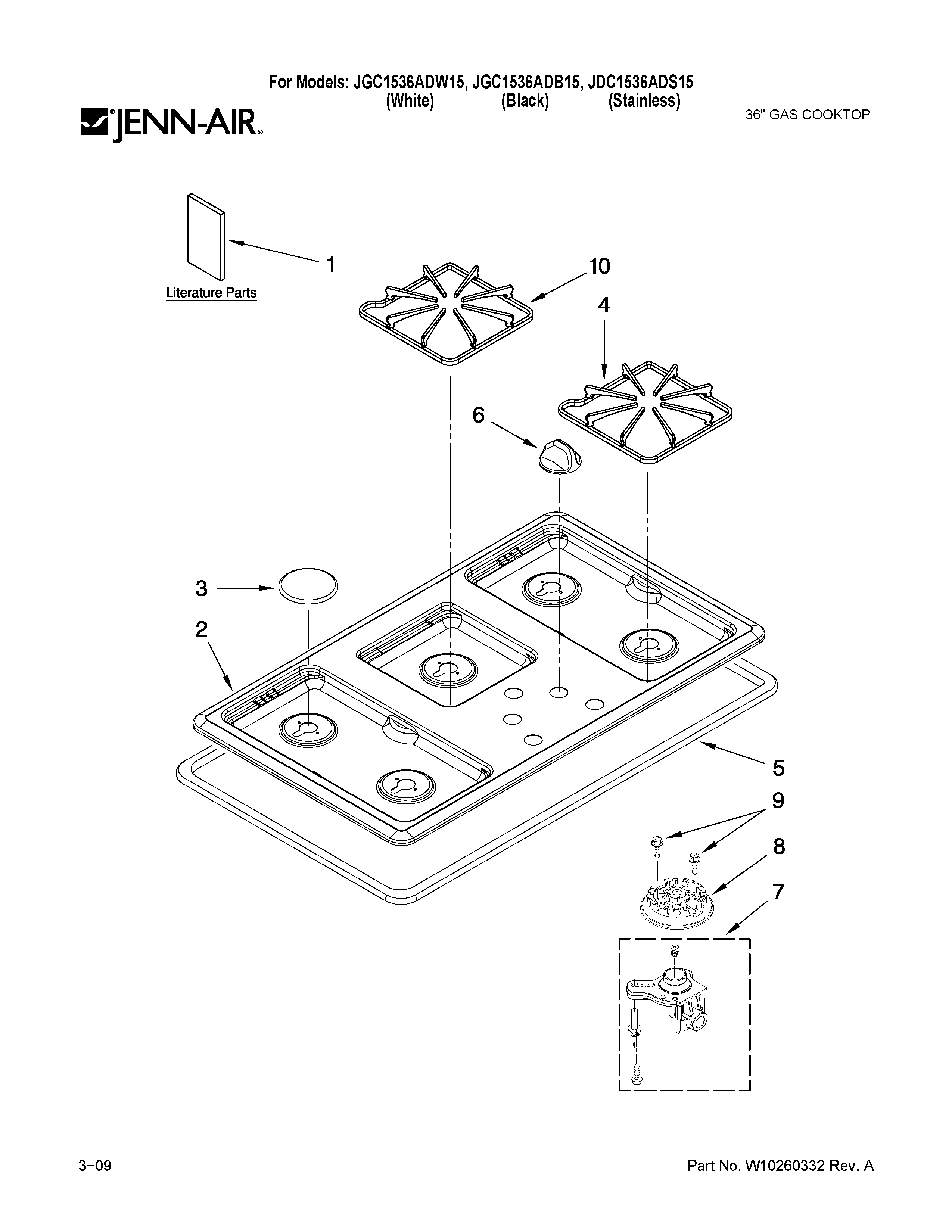 Cooktop, burner and grate parts