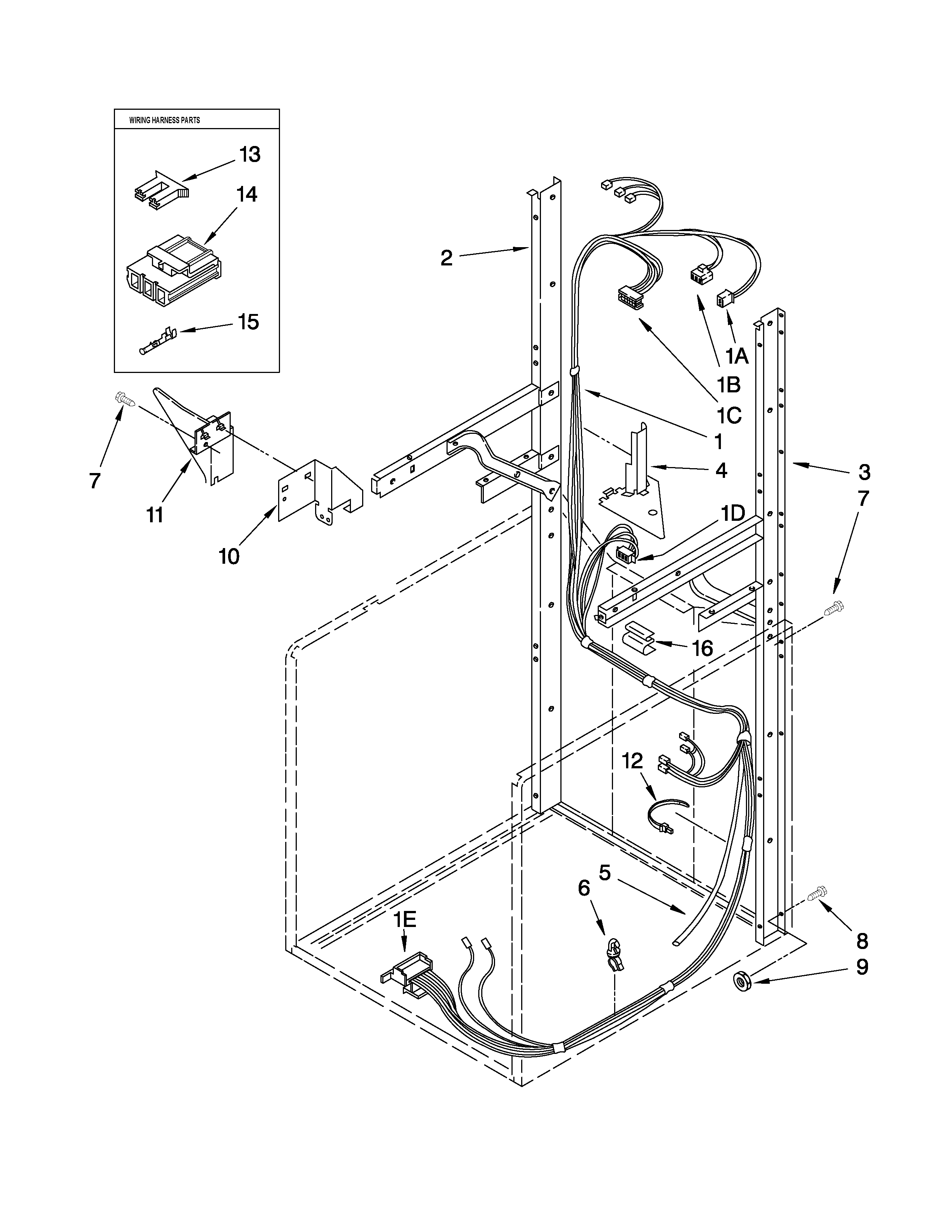 Dryer support and washer harness parts