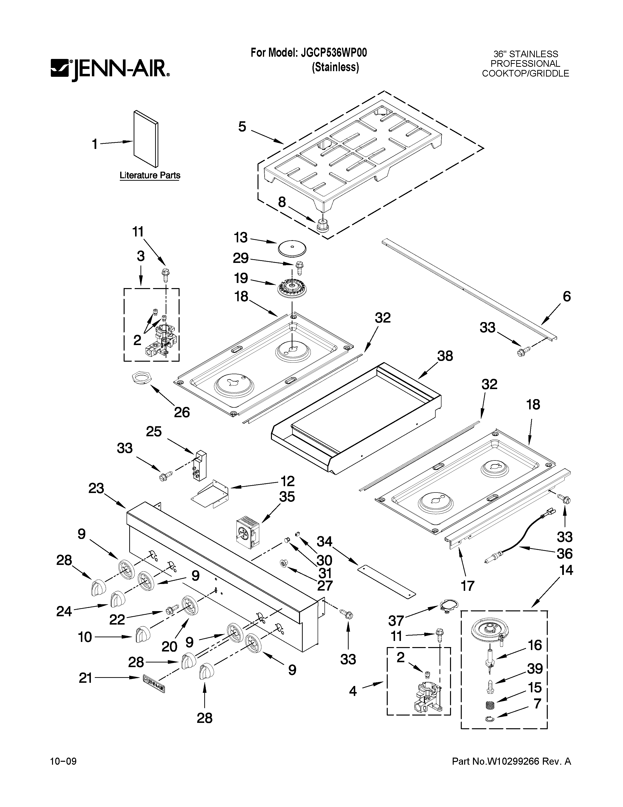 Cooktop, burner and grate parts