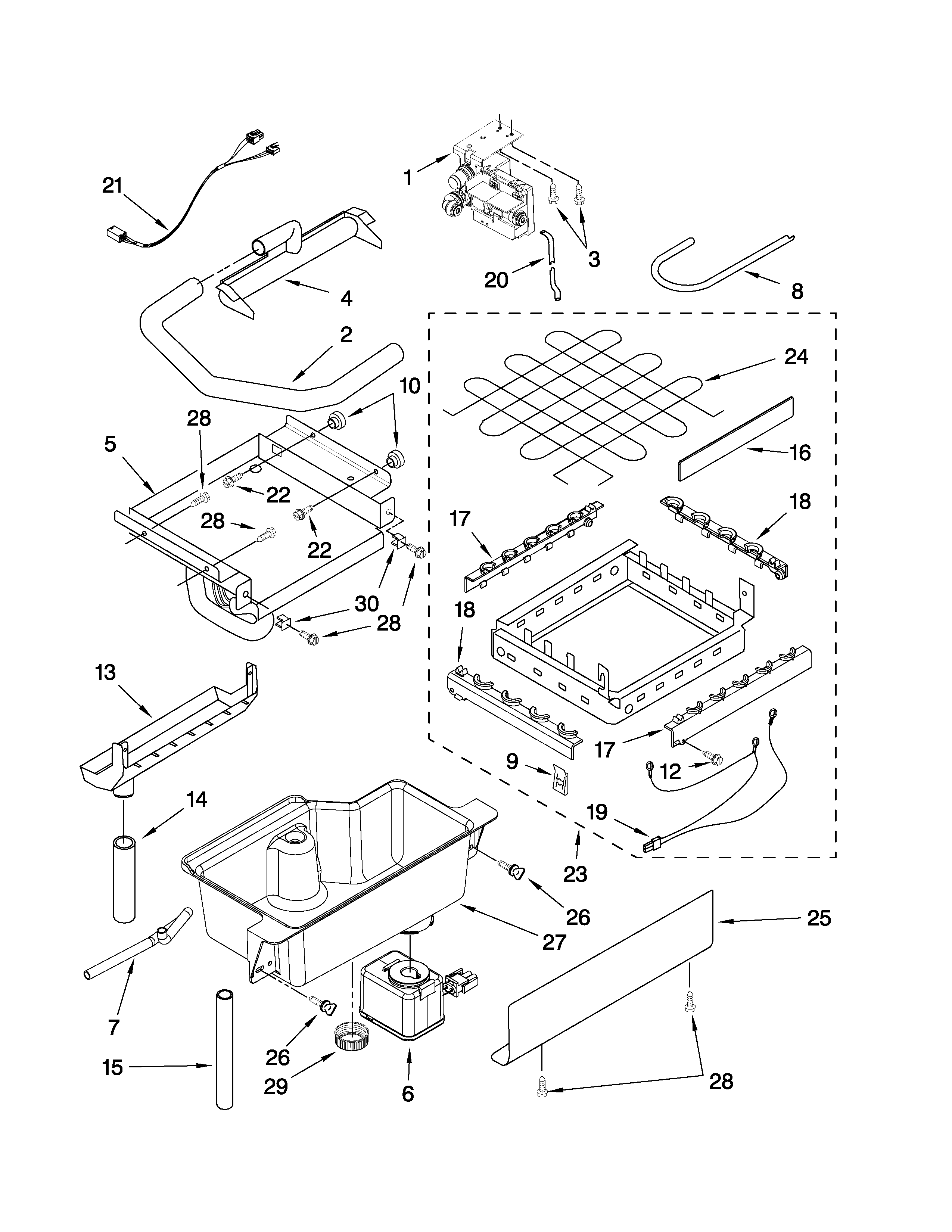 Evaporator, ice cutter grid and water parts