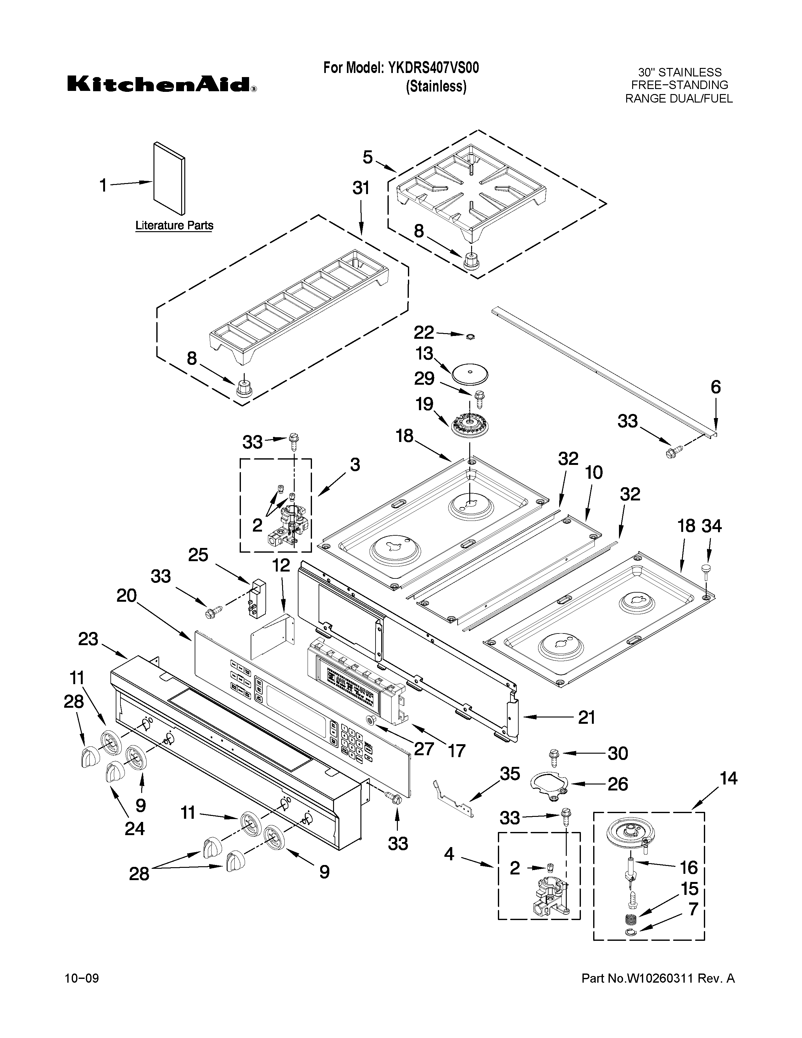 Cooktop, burner and grate parts
